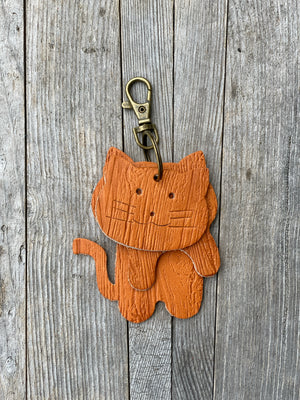 Leather Cat Keyring Purse Charm, Bag Clip on Cat Fob, Cute Cat Lovers Accessory