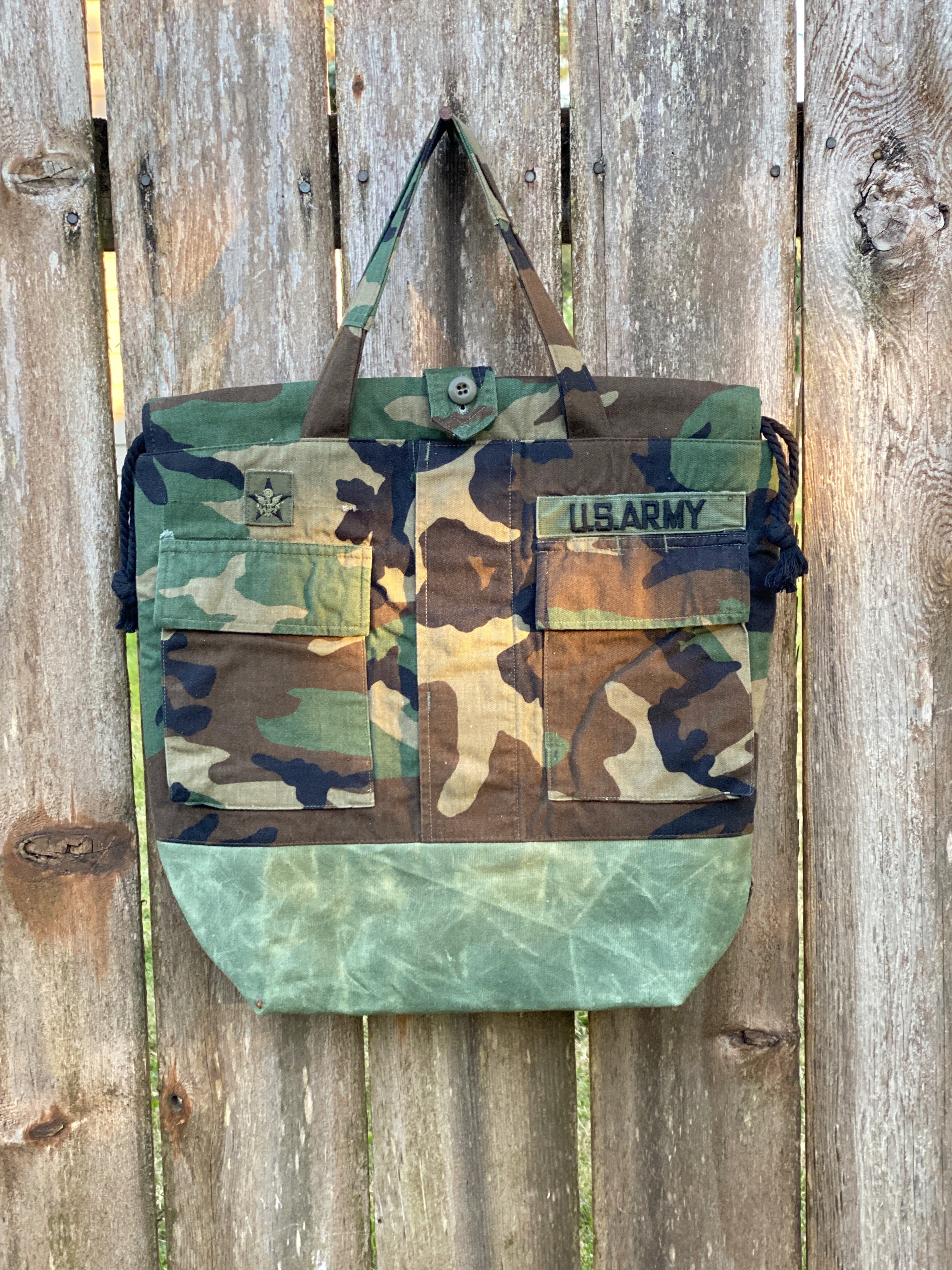 US Army Camo Jacket Upcylced Canvas Project Bag for Knitting Crochet Crafts