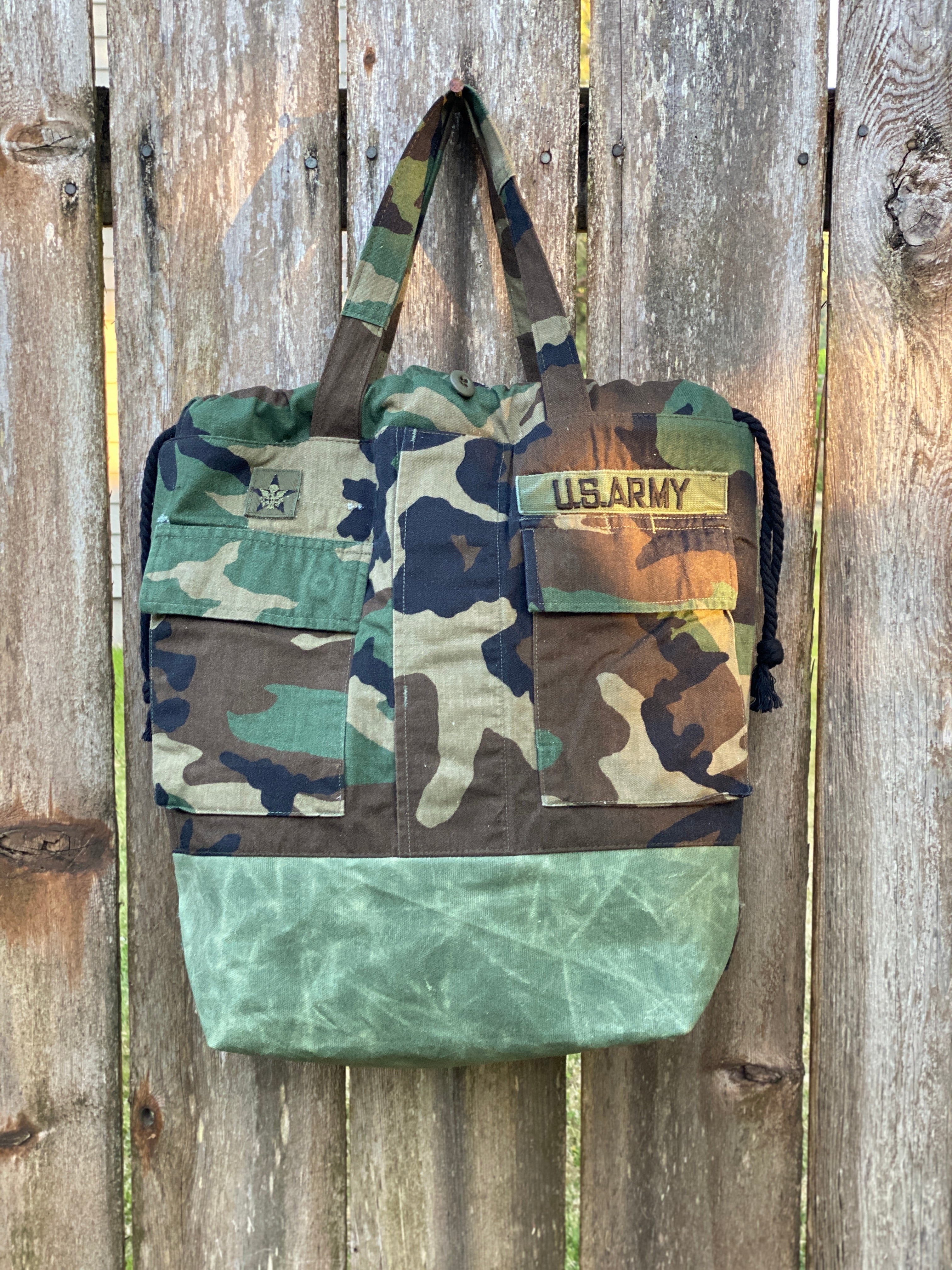 US Army Camo Jacket Upcylced Canvas Project Bag for Knitting Crochet Crafts