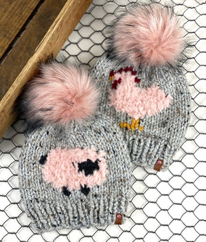 Grey Marble Knit Furry Pink or Sheep Chicken Beanie Wool Blend Womens Adult Hat Faux Fur Pom Pom Hat