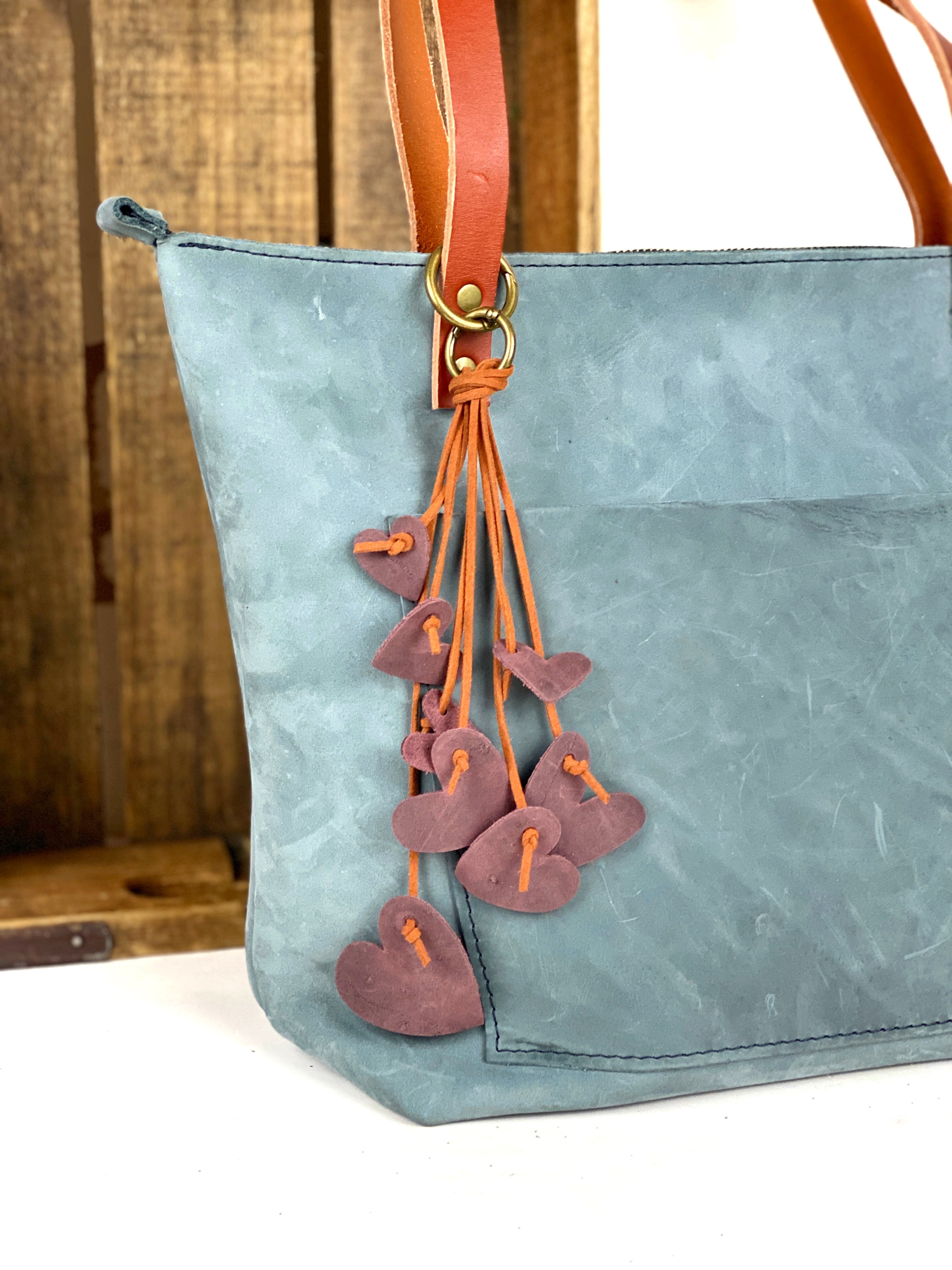 Cascading Hearts Leather Purse Tassel Bag Charm