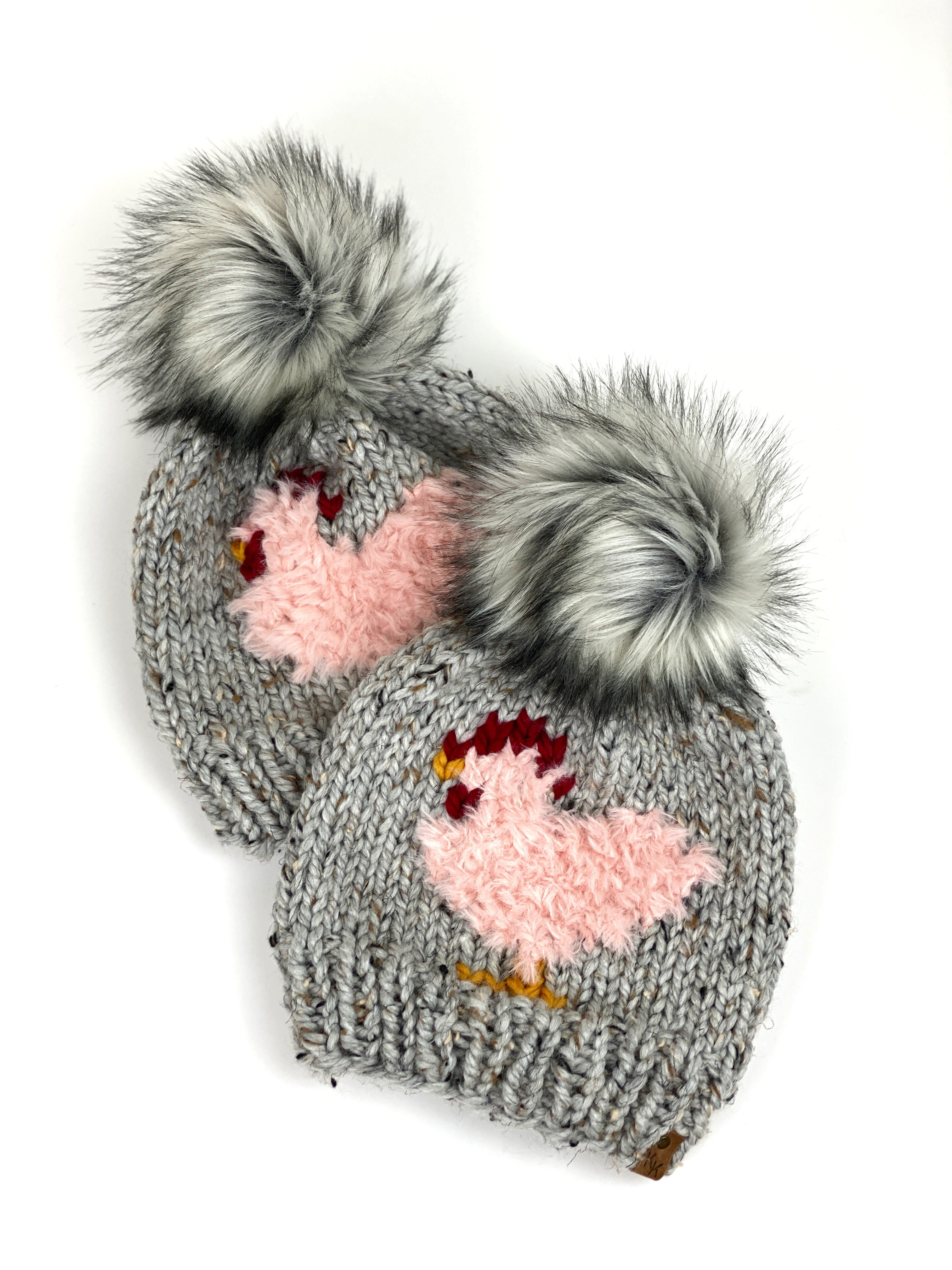 Grey Marble Knit Furry Pink or Sheep Chicken Beanie Wool Blend Womens Adult Hat Faux Fur Pom Pom Hat