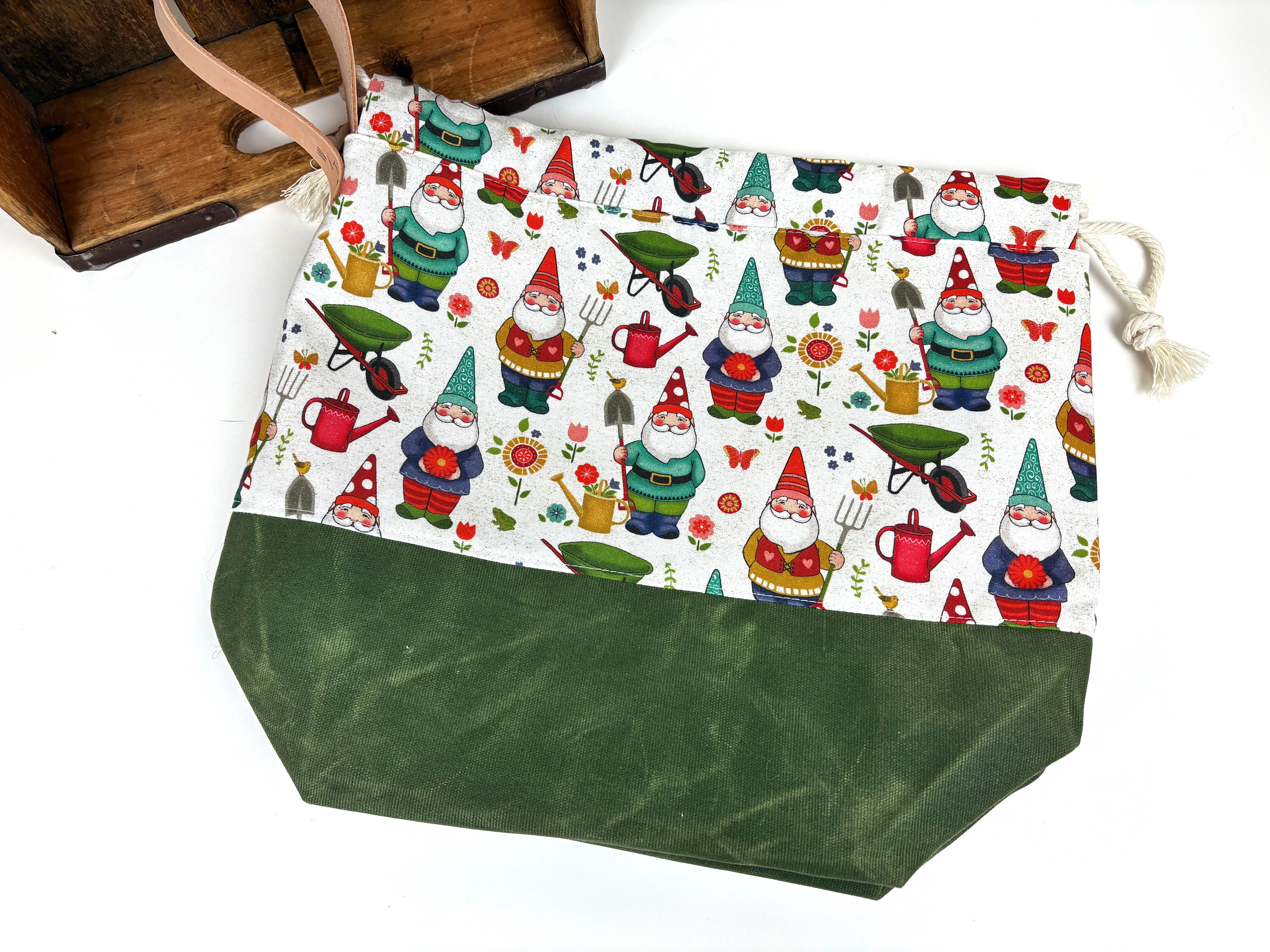 Garden Gnomes Canvas Project Bag, Project Bag for Knitters, Gnome Canvas Bag, Crochet Bag, Whimsical Project Bag