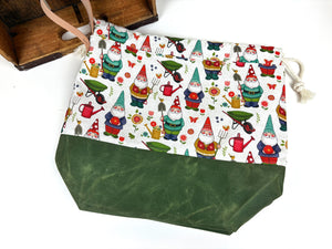 Garden Gnomes Canvas Project Bag, Project Bag for Knitters, Gnome Canvas Bag, Crochet Bag, Whimsical Project Bag