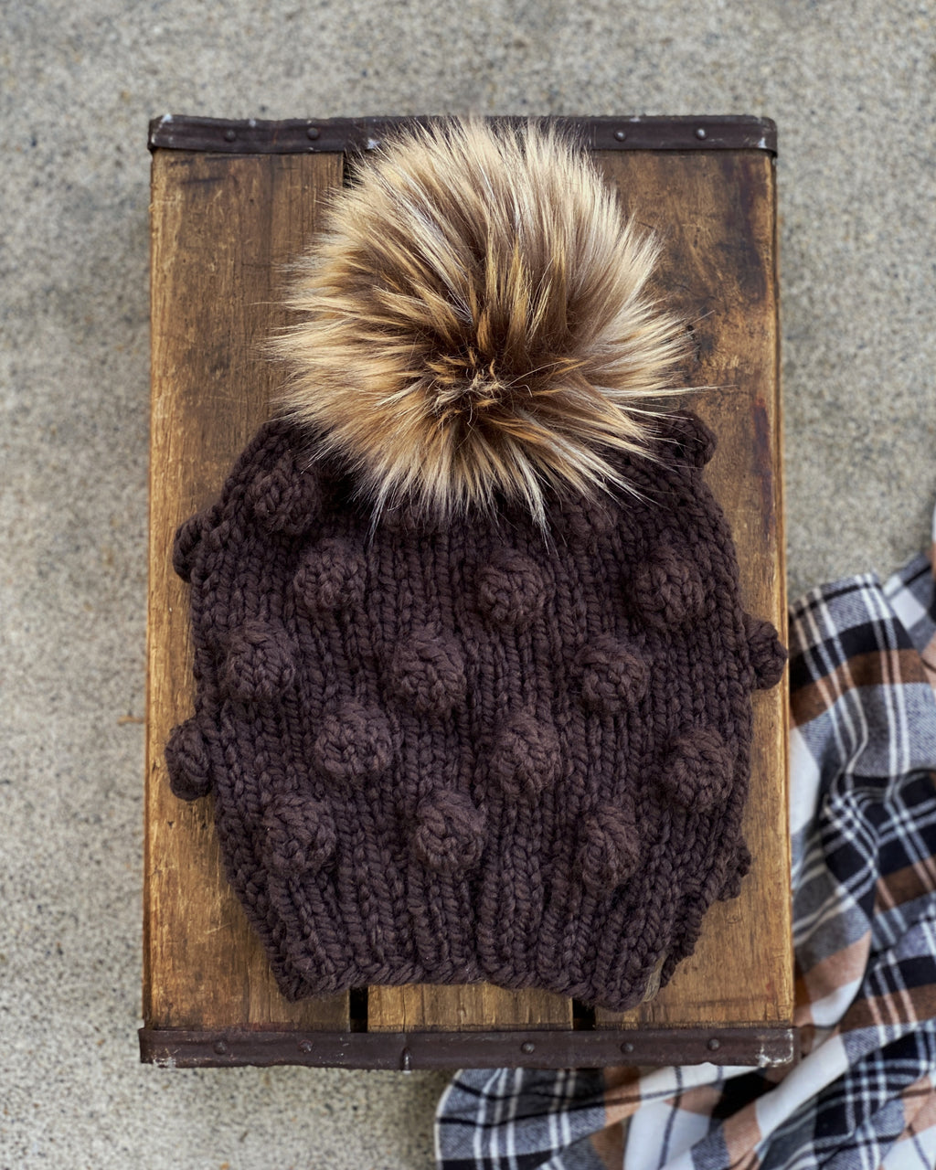 Black Walnut Knit Bobble Beanie, Womens Hand Knit Hat, Acrylic/Wool Yarn Faux Fur Pom