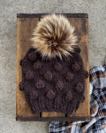 Black Walnut Knit Bobble Beanie, Womens Hand Knit Hat, Acrylic/Wool Yarn Faux Fur Pom