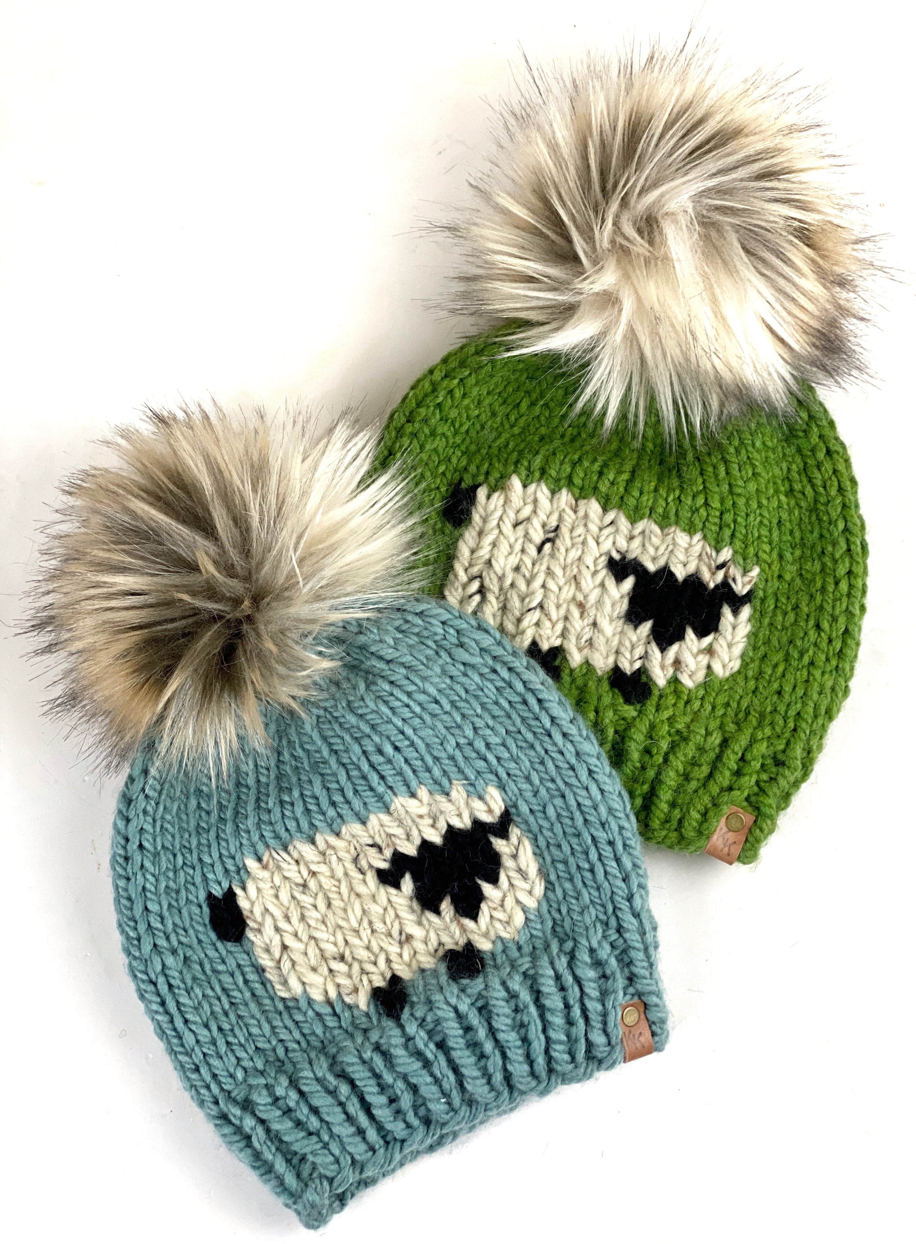 Knit Sheep Beanie Wool Blend Womens Adult Hat Faux Fur Pom Pom Hat