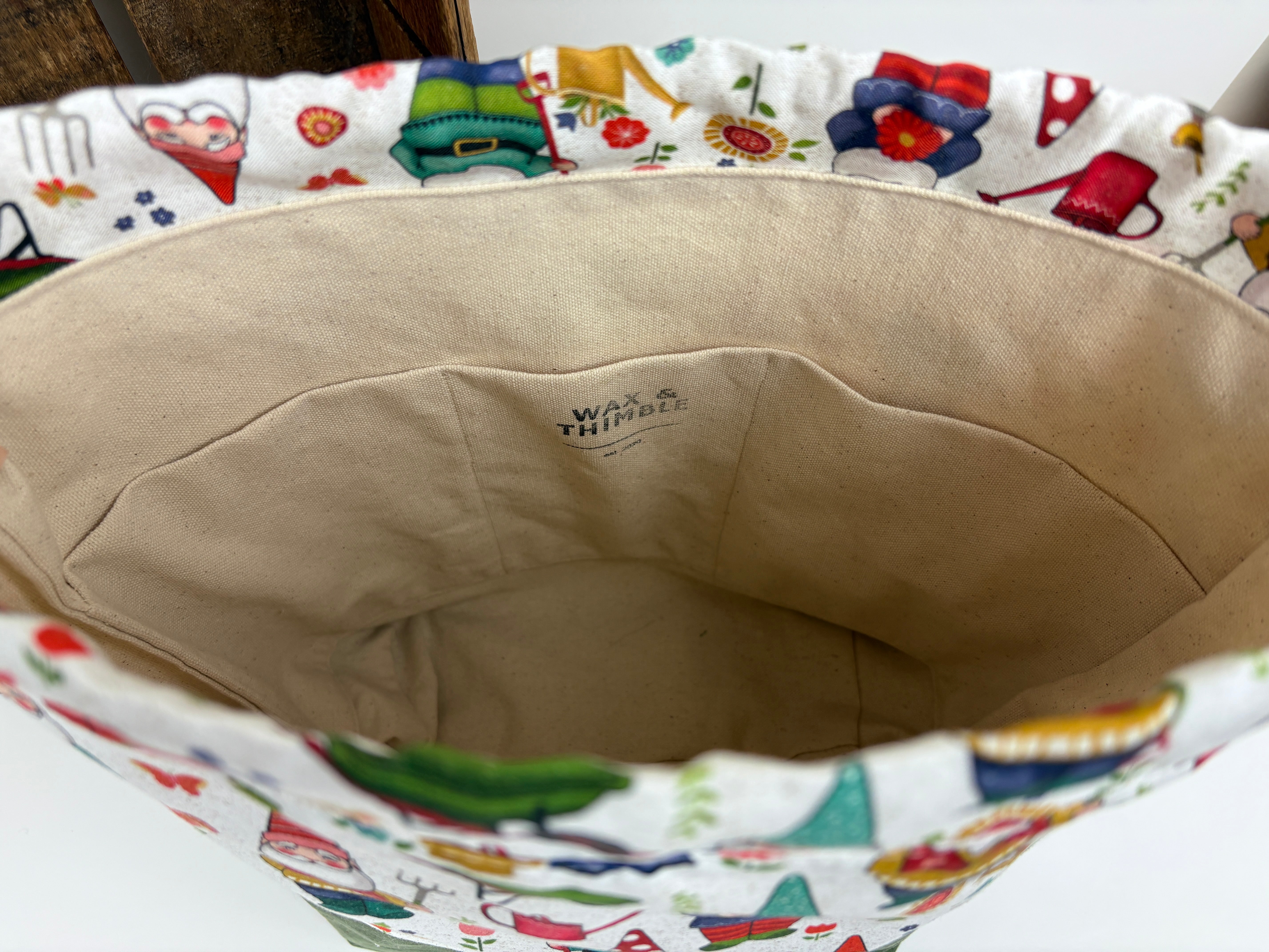 Garden Gnomes Canvas Project Bag, Project Bag for Knitters, Gnome Canvas Bag, Crochet Bag, Whimsical Project Bag