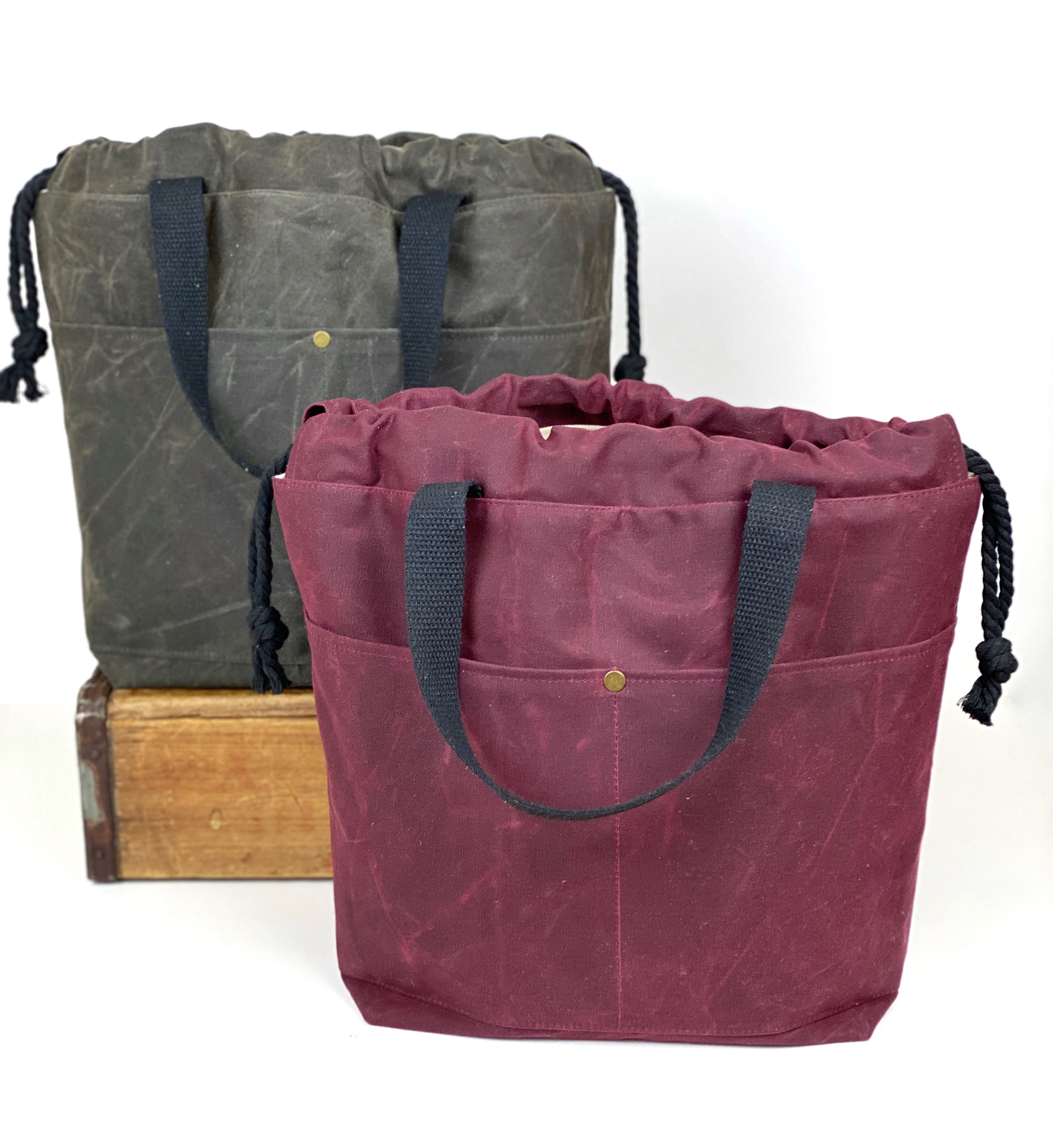 Solid Color Waxed Canvas Project Bag Knit or Crochet Drawstring Tote Strap Flat Bottom