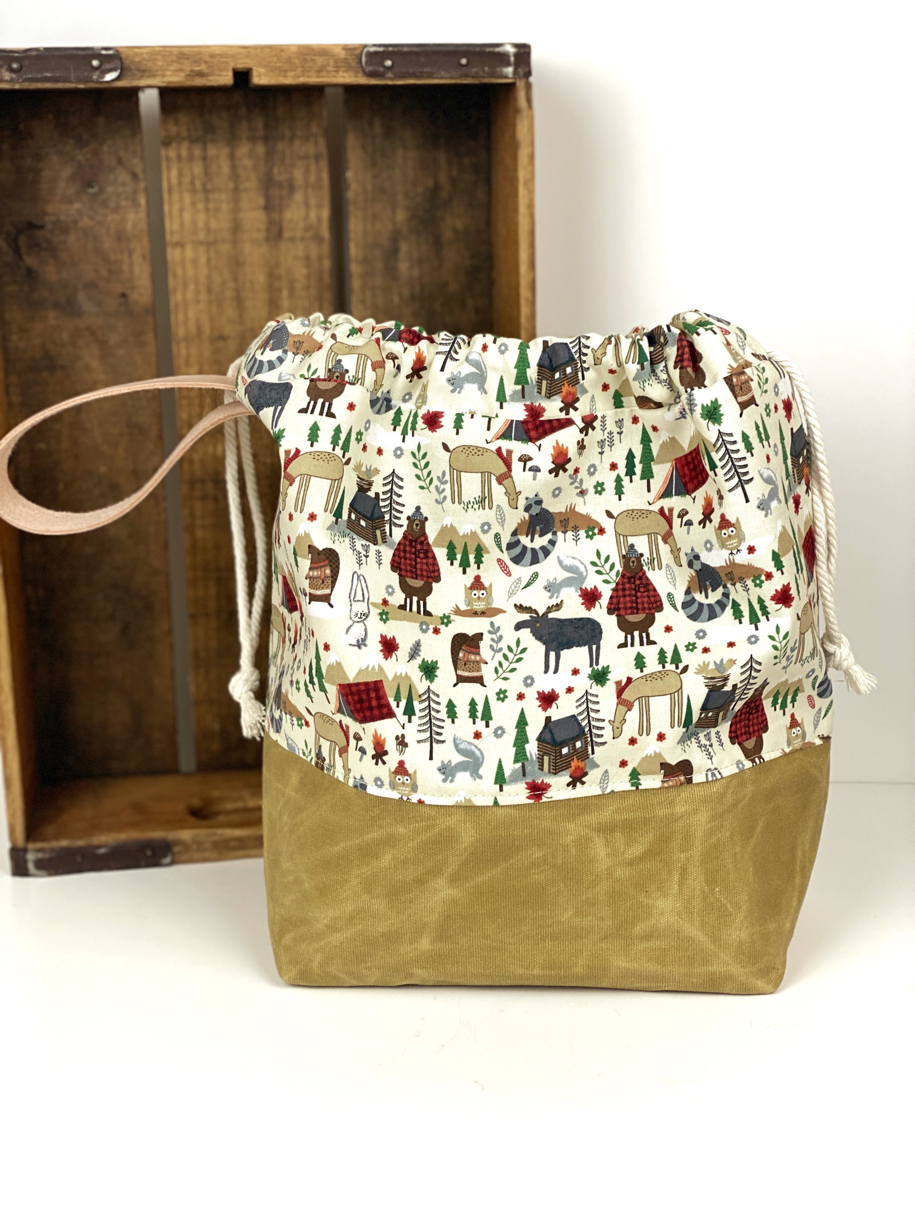Wilderness Forest Buffalo Plaid and Brown Waxed Canvas Knit Crochet Leather Drawstring Tote Project Flat Bottom Bag
