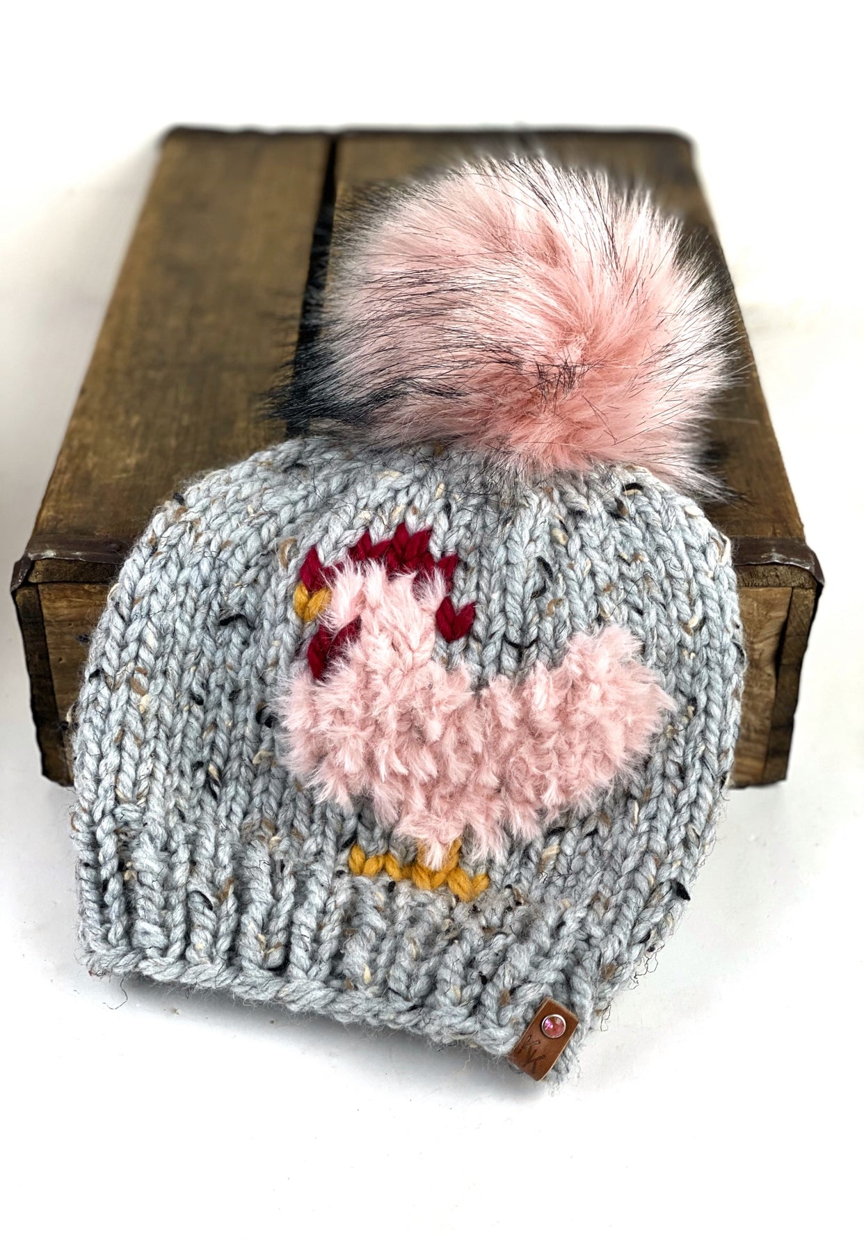 Grey Marble Knit Furry Pink or Sheep Chicken Beanie Wool Blend Womens Adult Hat Faux Fur Pom Pom Hat