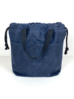Solid Color Waxed Canvas Project Bag Knit or Crochet Drawstring Tote Strap Flat Bottom