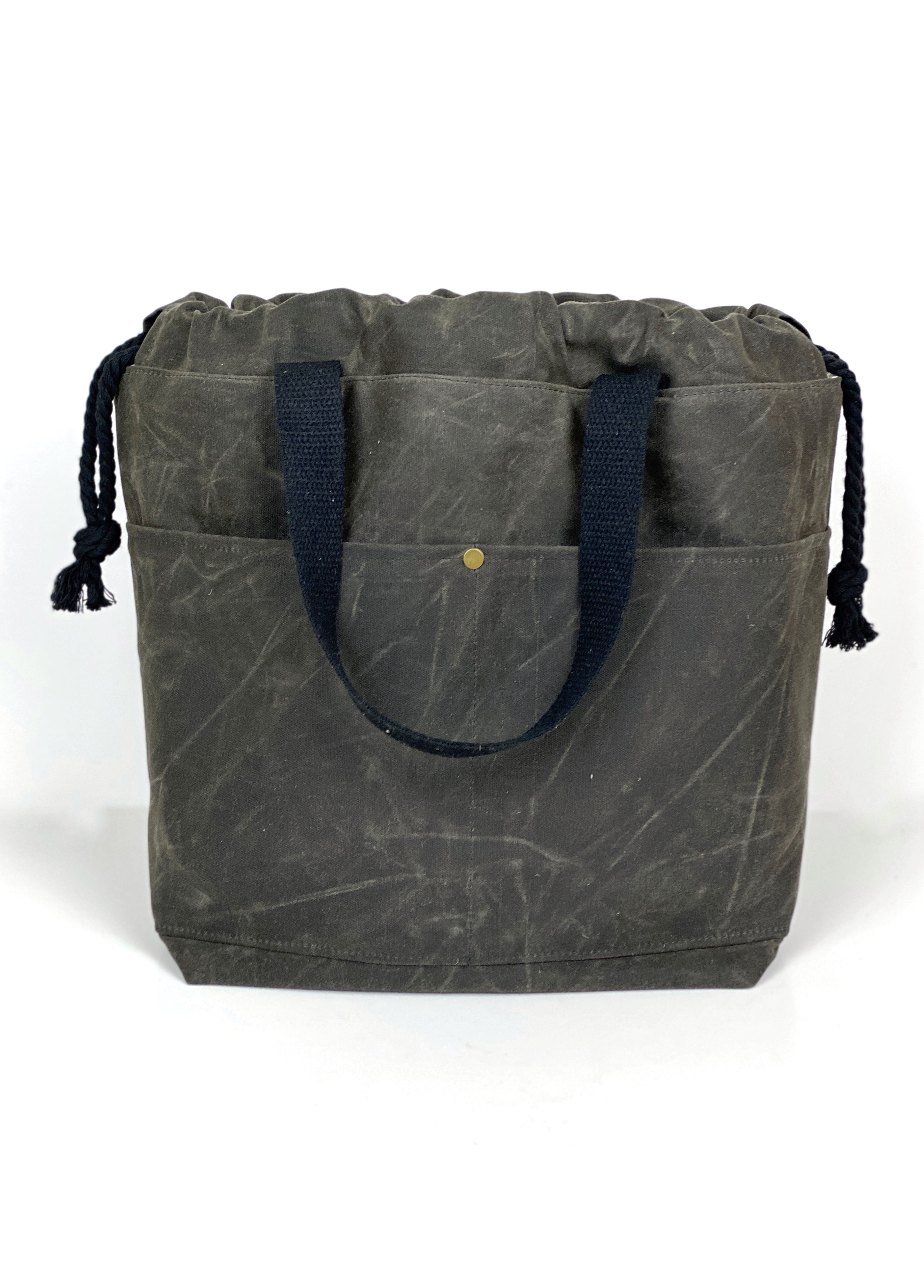 Solid Color Waxed Canvas Project Bag Knit or Crochet Drawstring Tote Strap Flat Bottom