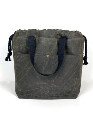 Solid Color Waxed Canvas Project Bag Knit or Crochet Drawstring Tote Strap Flat Bottom