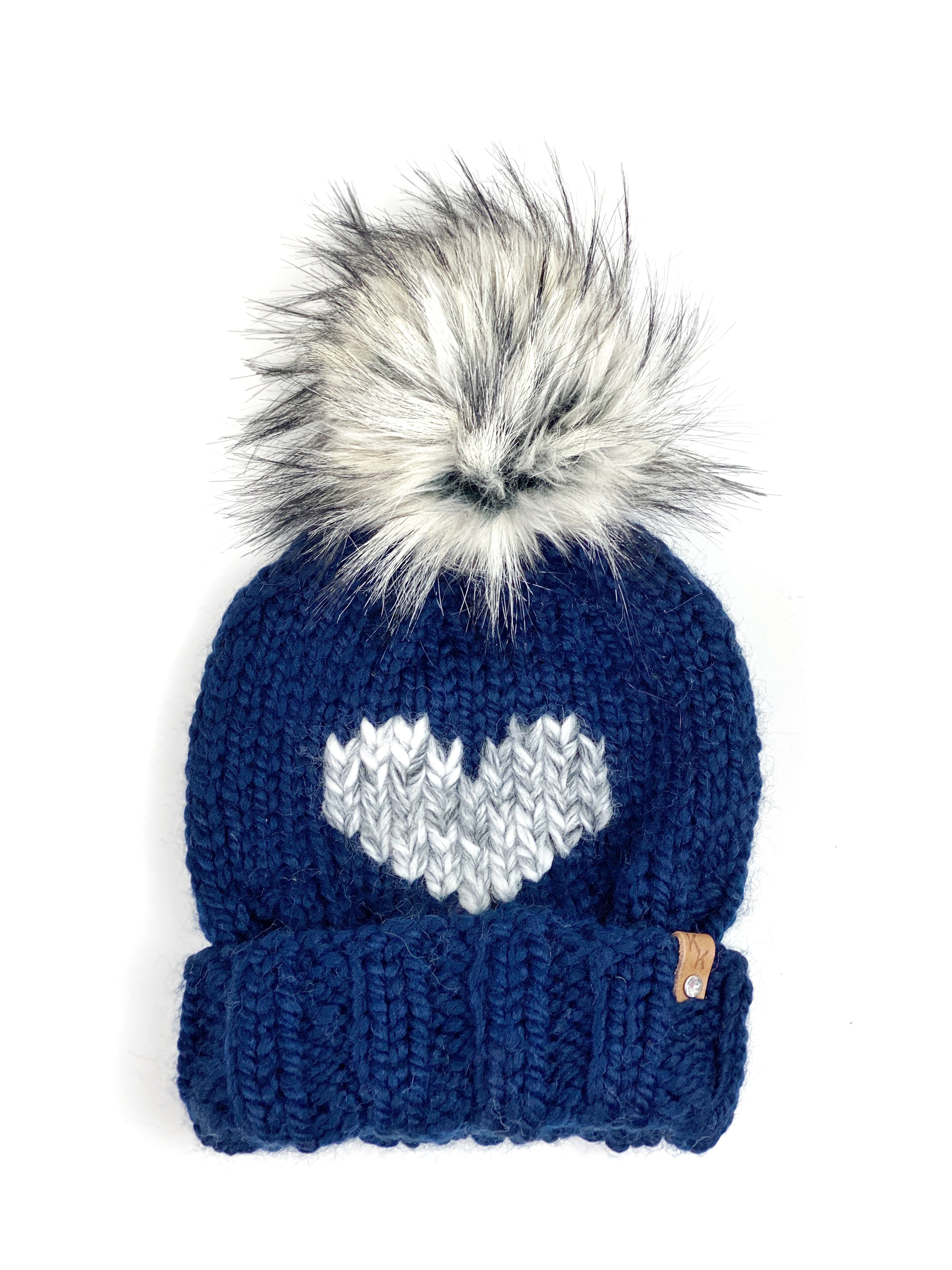 Navy Blue Big Heart Eds Hat Womens Adult Folded Brim Beanie Wool Blend Limestone Faux Fur Pom