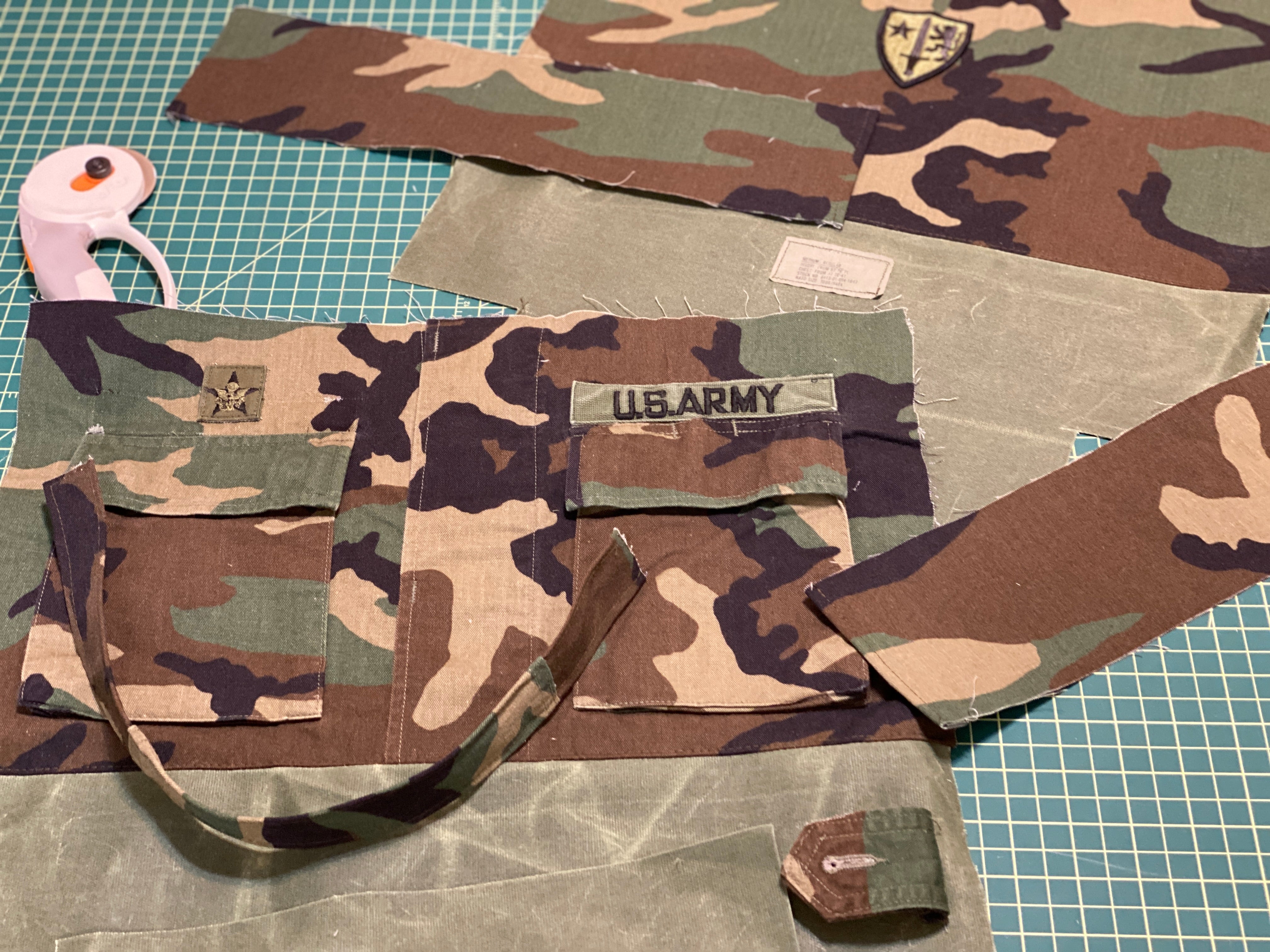US Army Camo Jacket Upcylced Canvas Project Bag for Knitting Crochet Crafts