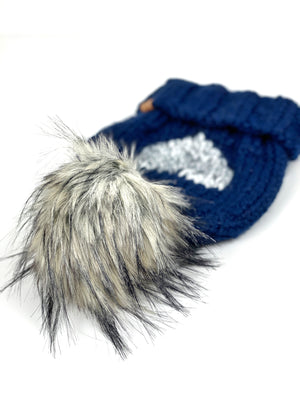 Navy Blue Big Heart Eds Hat Womens Adult Folded Brim Beanie Wool Blend Limestone Faux Fur Pom