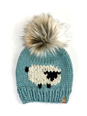 Knit Sheep Beanie Wool Blend Womens Adult Hat Faux Fur Pom Pom Hat