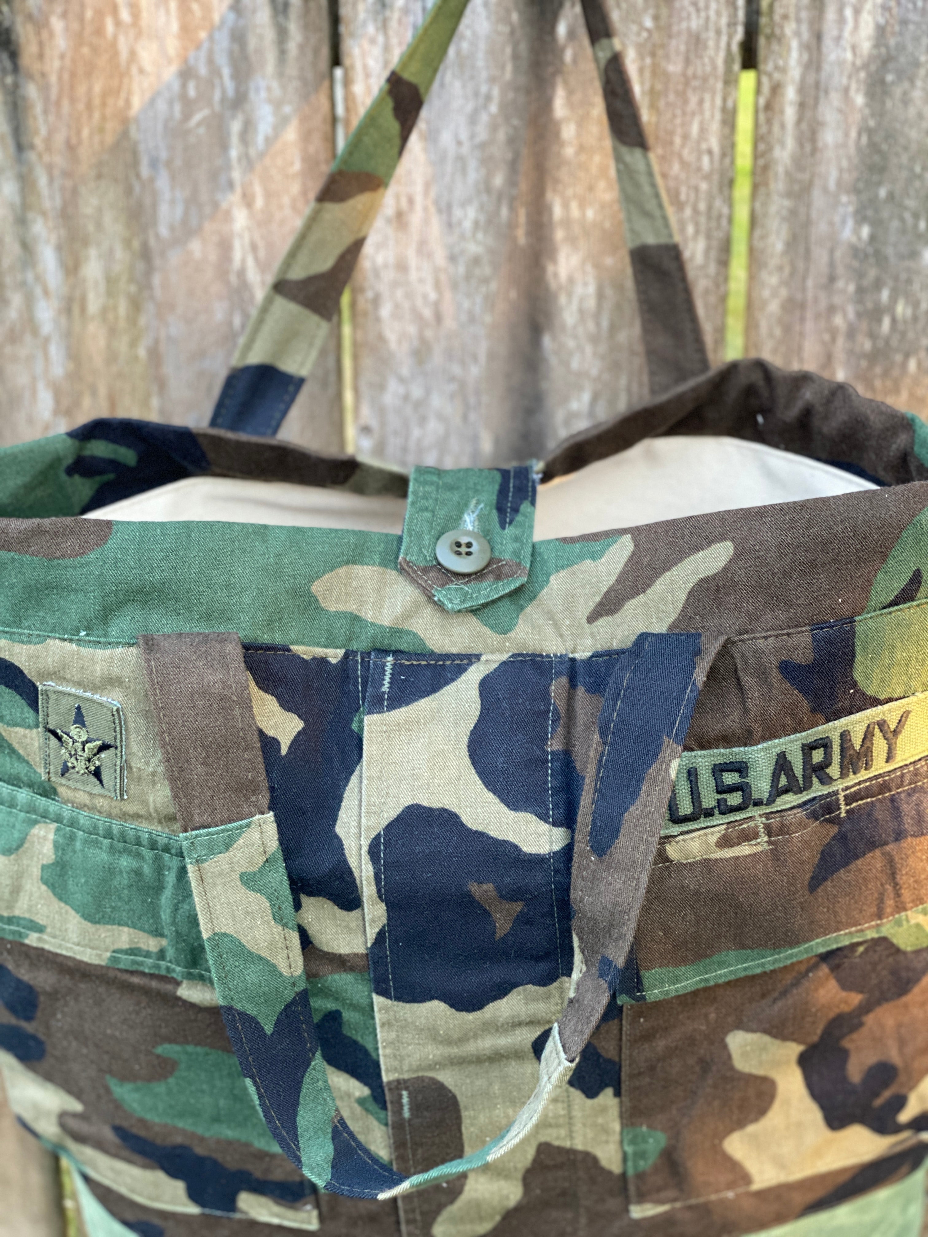 US Army Camo Jacket Upcylced Canvas Project Bag for Knitting Crochet Crafts