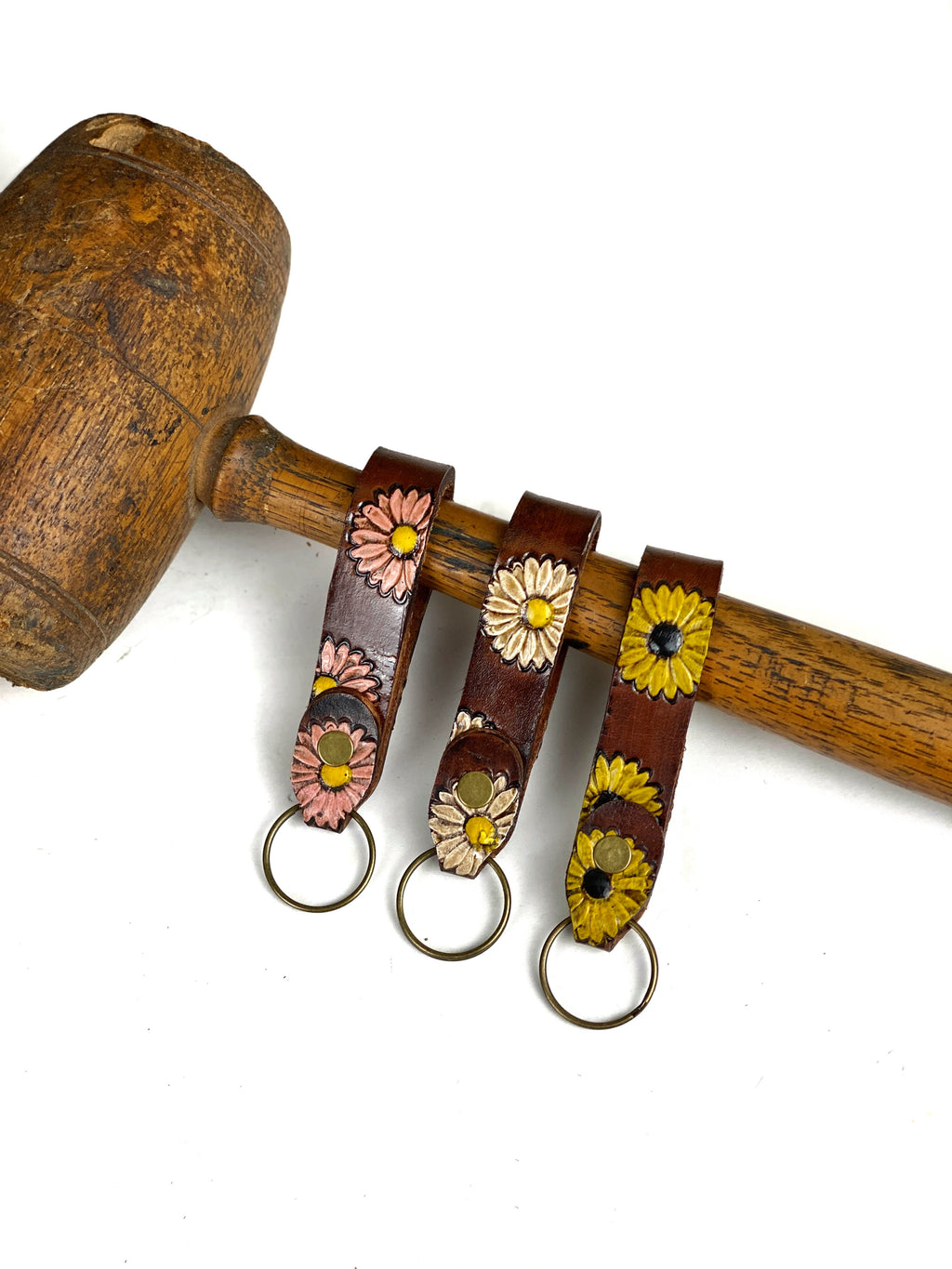 Wildflower Leather Key Fob, Hand Stamped Sunflower Key Fob, Painted Leather Daisy Flower Key Chain