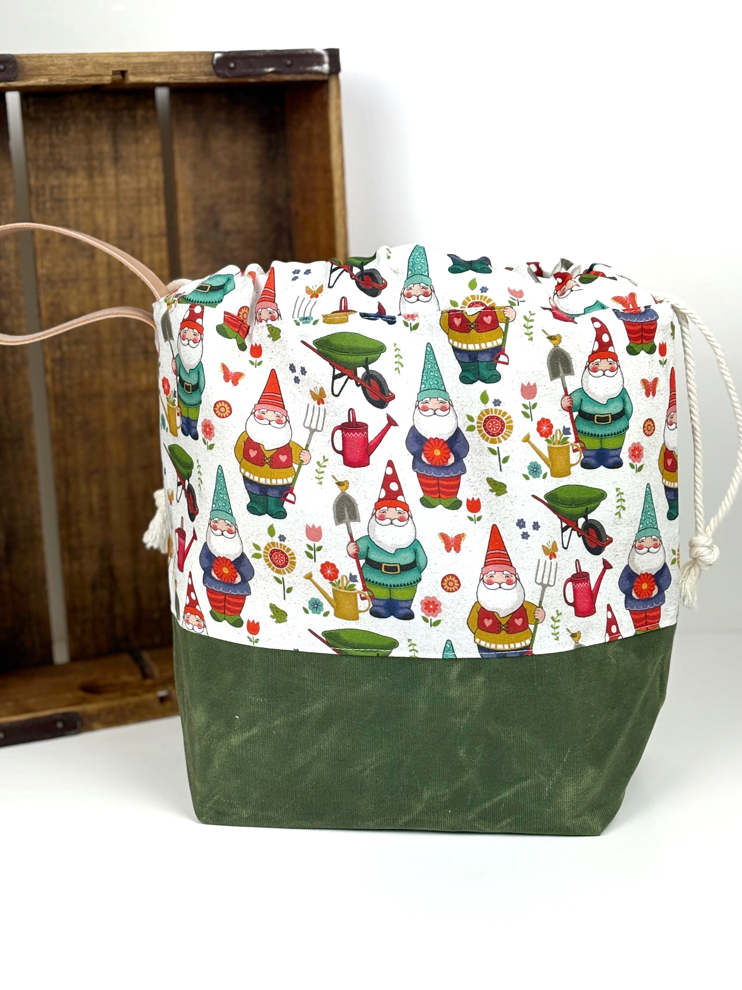 Garden Gnomes Canvas Project Bag, Project Bag for Knitters, Gnome Canvas Bag, Crochet Bag, Whimsical Project Bag