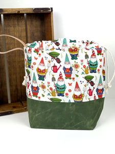 Garden Gnomes Canvas Project Bag, Project Bag for Knitters, Gnome Canvas Bag, Crochet Bag, Whimsical Project Bag