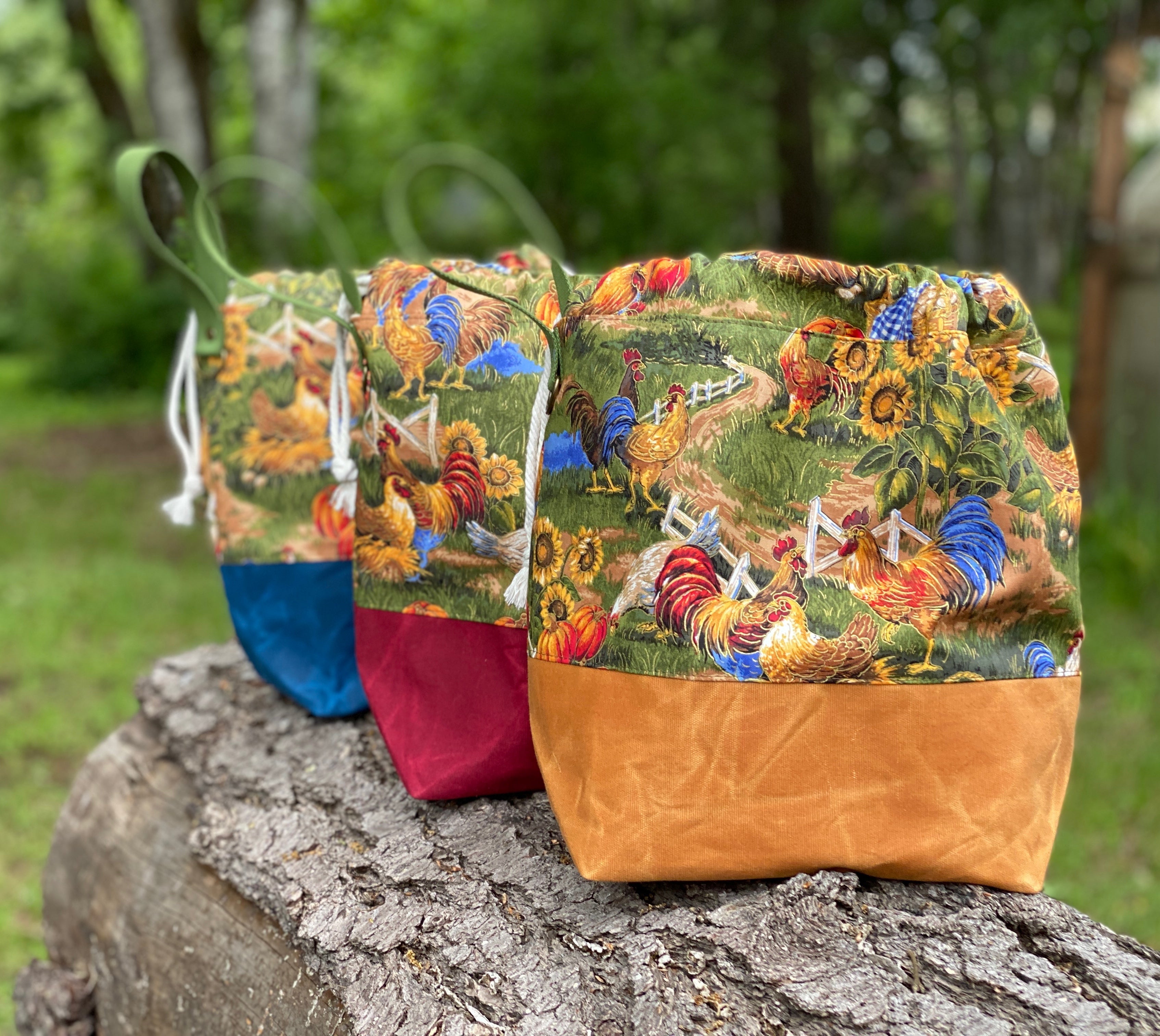 Fall Chickens Cotton Project Bag, Project Bag for Knitters, Waxed Canvas et Bag, Whimsical Project Bag