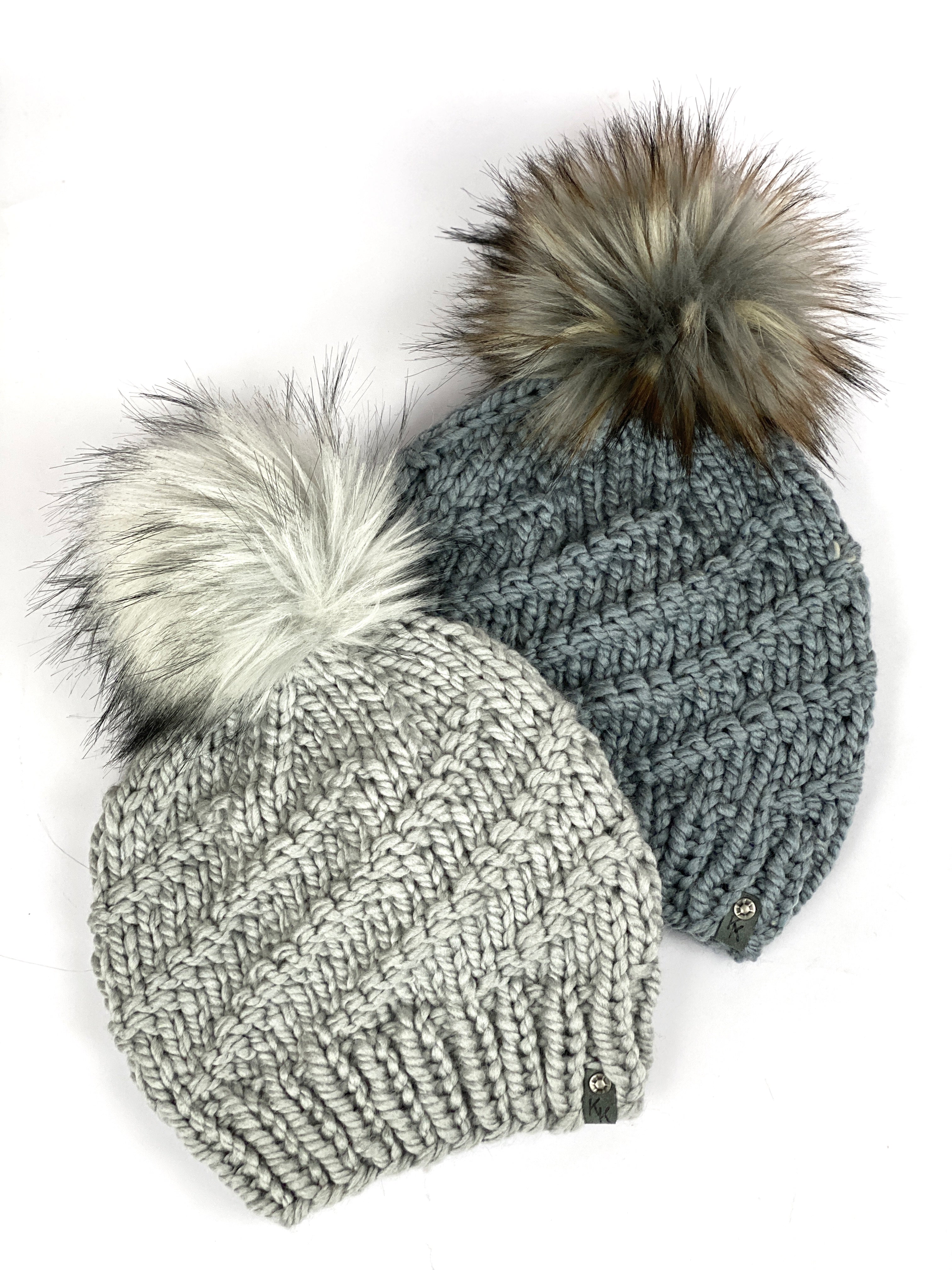 Hand Knit Cyclone Beanie Wool Blend Faux Fur Pom Pom Hat Adult Women