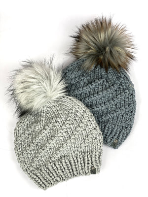 Hand Knit Cyclone Beanie Wool Blend Faux Fur Pom Pom Hat Adult Women