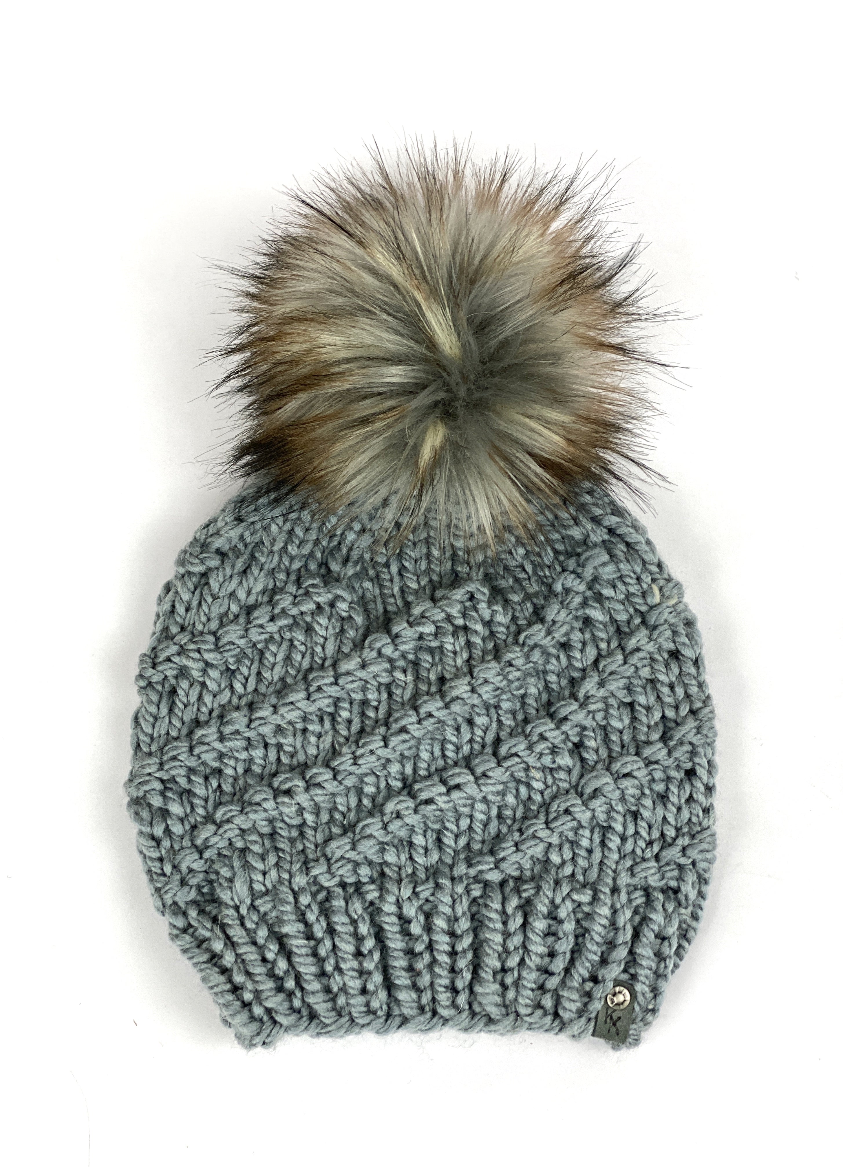 Hand Knit Cyclone Beanie Wool Blend Faux Fur Pom Pom Hat Adult Women