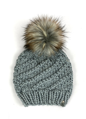 Hand Knit Cyclone Beanie Wool Blend Faux Fur Pom Pom Hat Adult Women