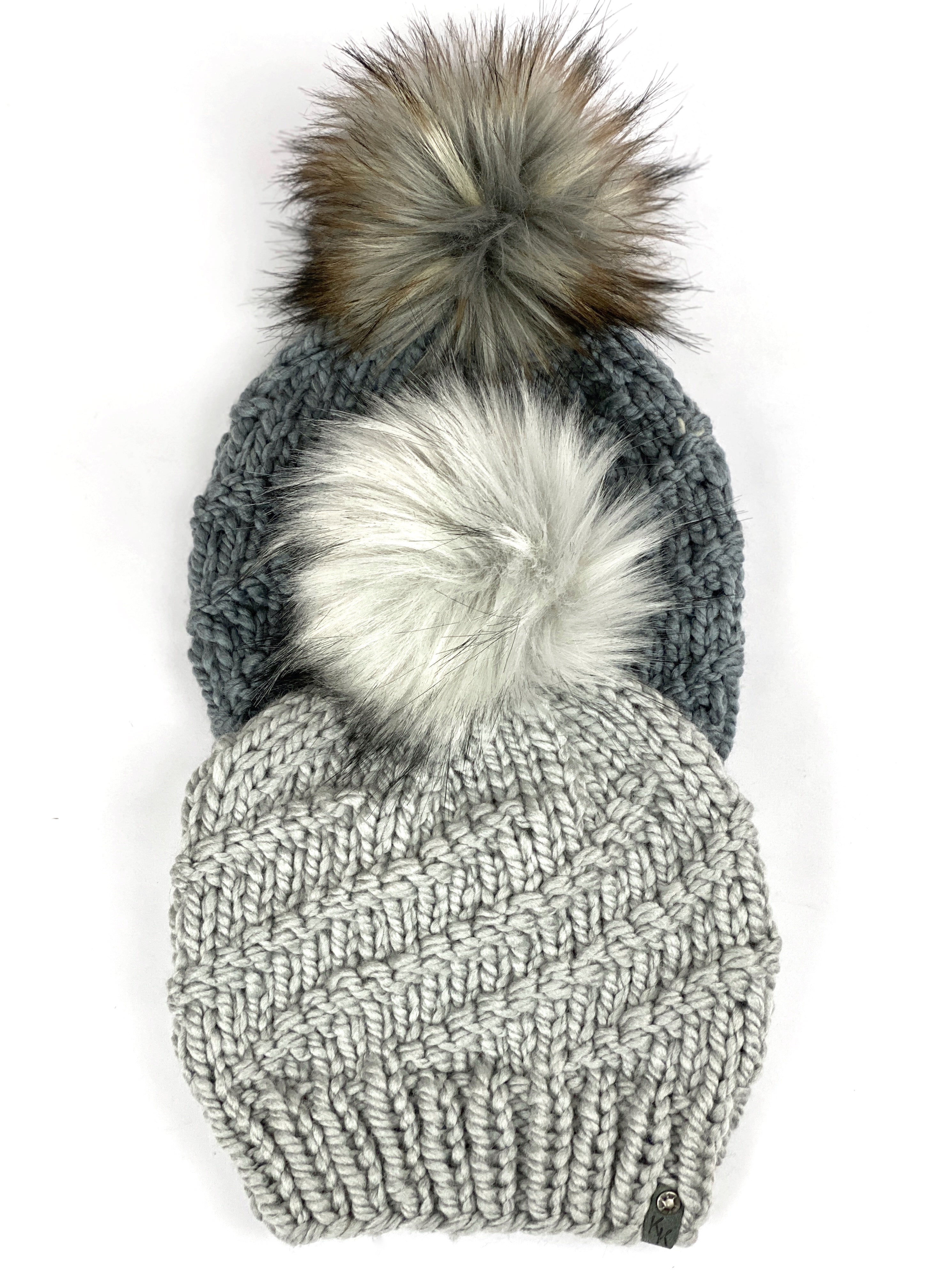 Hand Knit Cyclone Beanie Wool Blend Faux Fur Pom Pom Hat Adult Women