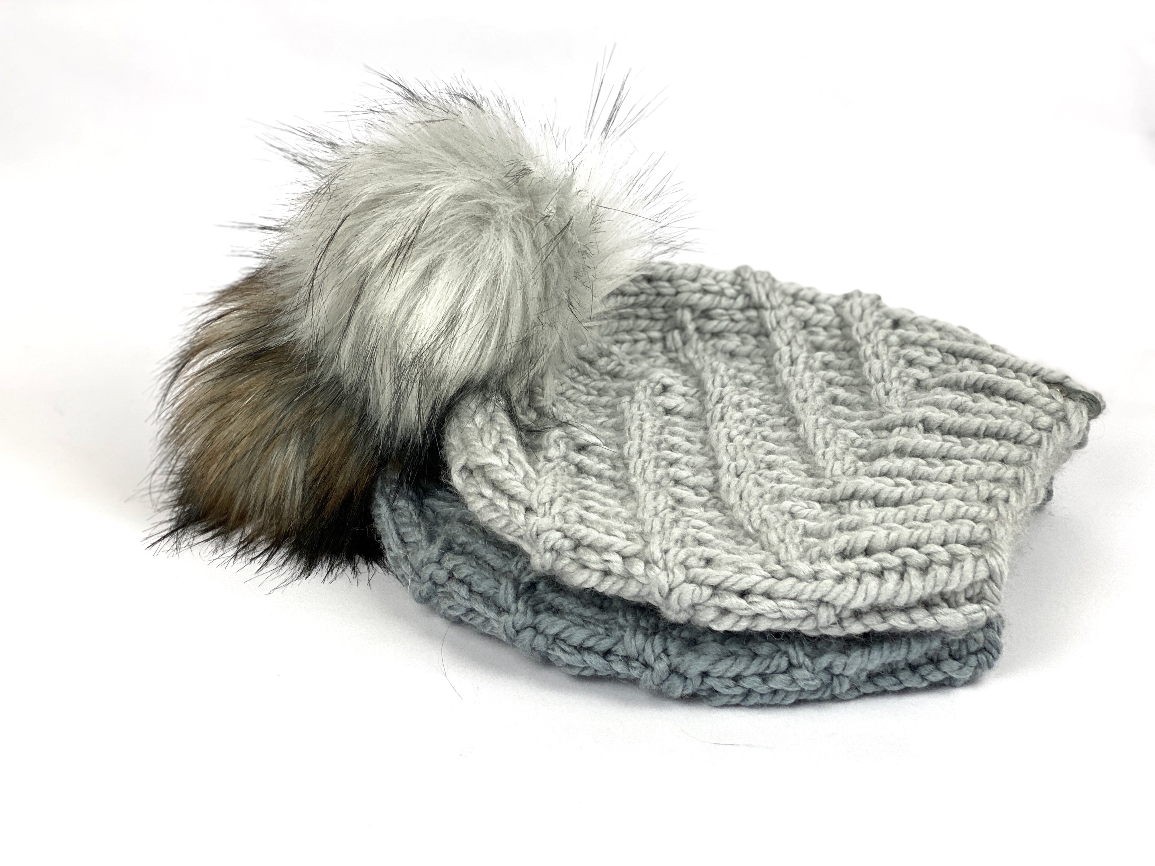Hand Knit Cyclone Beanie Wool Blend Faux Fur Pom Pom Hat Adult Women