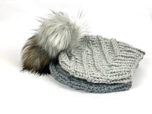 Hand Knit Cyclone Beanie Wool Blend Faux Fur Pom Pom Hat Adult Women