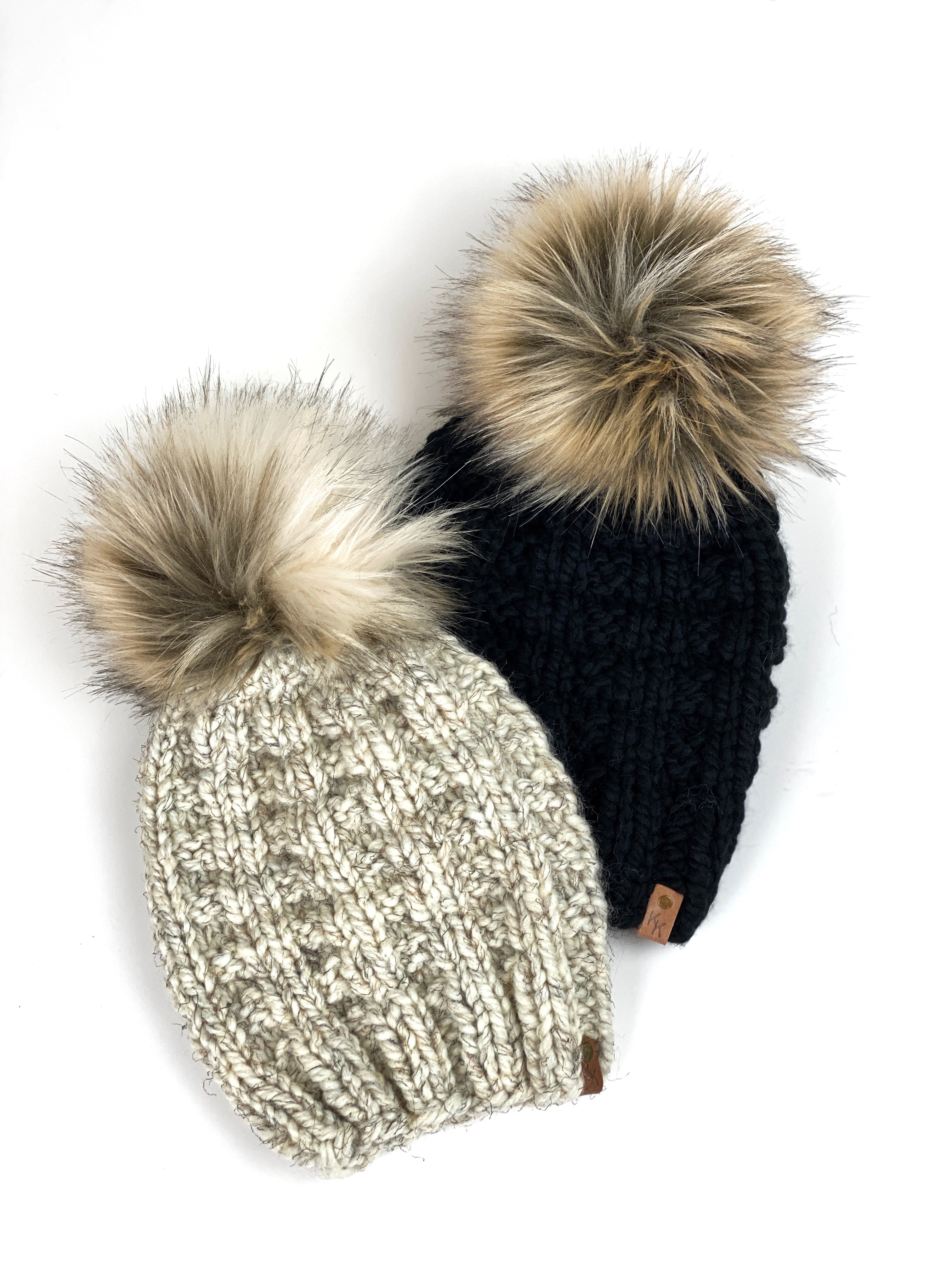 Rainier Hand Knit Textured Beanie, Women’s Knit Hat, Ski Snowboard Beanie, Cozy Acrylic Wool Blend Bulky Knit Faux Fur Pom Hat