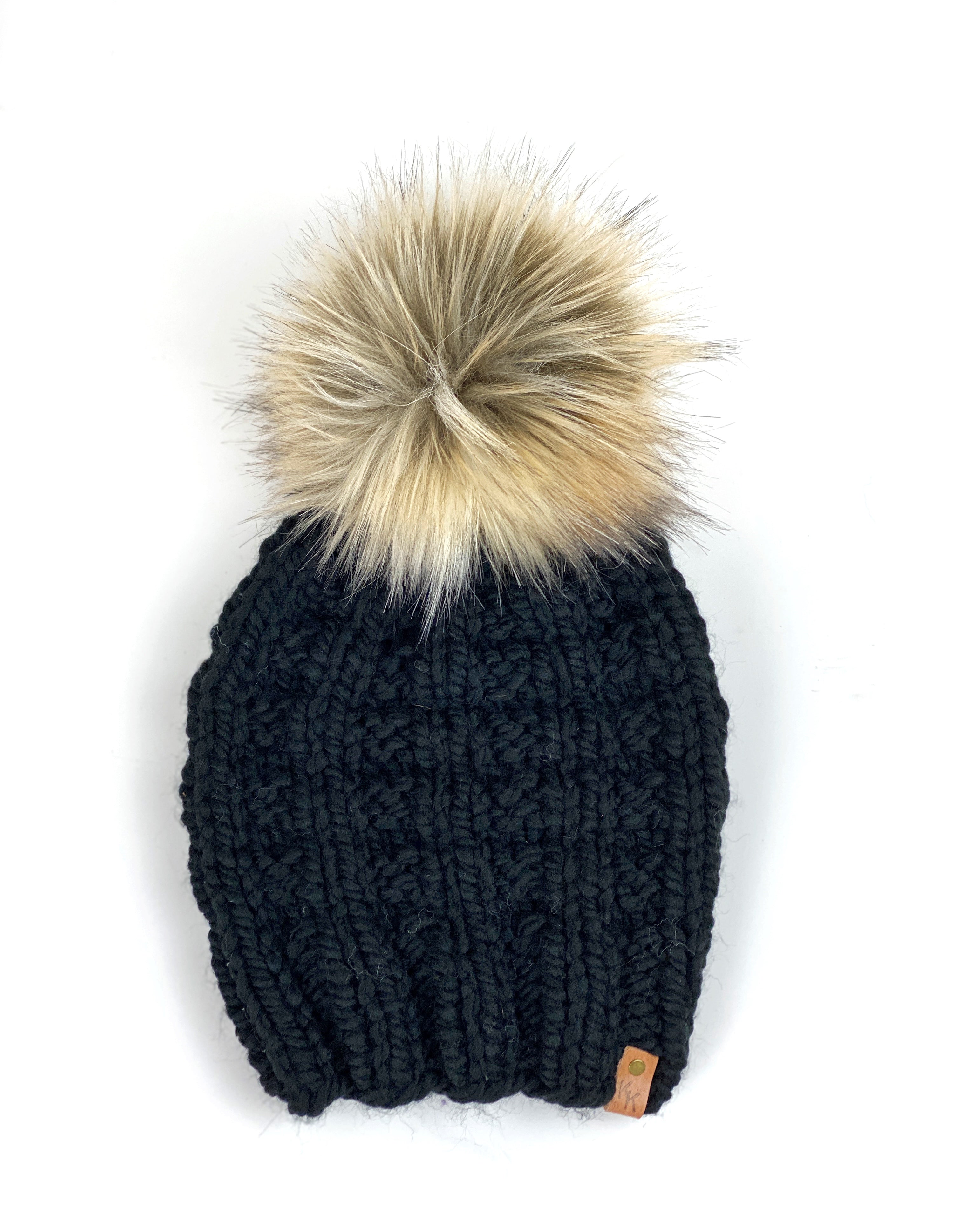Rainier Hand Knit Textured Beanie, Women’s Knit Hat, Ski Snowboard Beanie, Cozy Acrylic Wool Blend Bulky Knit Faux Fur Pom Hat