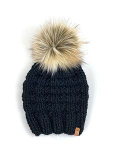 Rainier Hand Knit Textured Beanie, Women’s Knit Hat, Ski Snowboard Beanie, Cozy Acrylic Wool Blend Bulky Knit Faux Fur Pom Hat