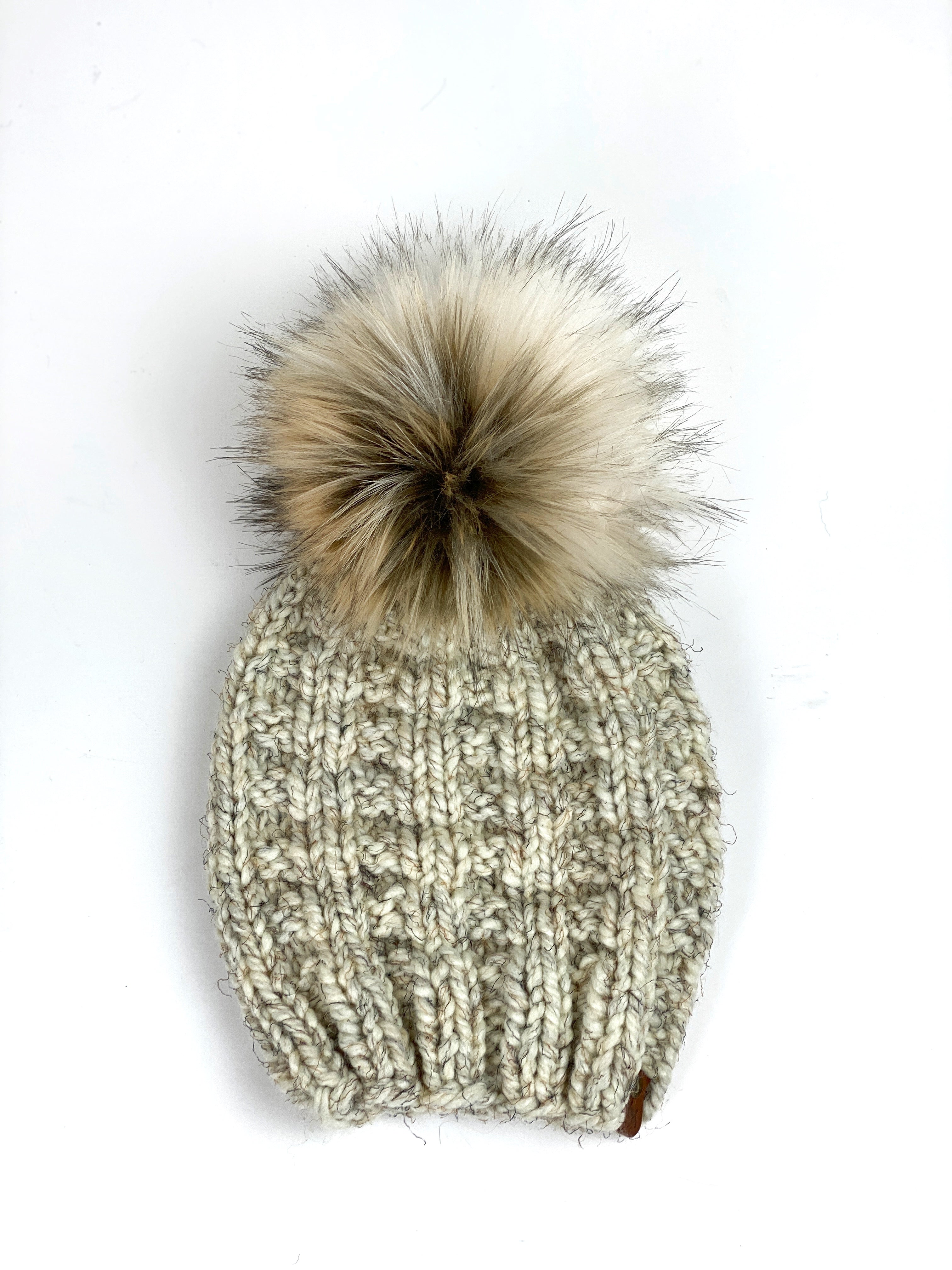 Rainier Hand Knit Textured Beanie, Women’s Knit Hat, Ski Snowboard Beanie, Cozy Acrylic Wool Blend Bulky Knit Faux Fur Pom Hat
