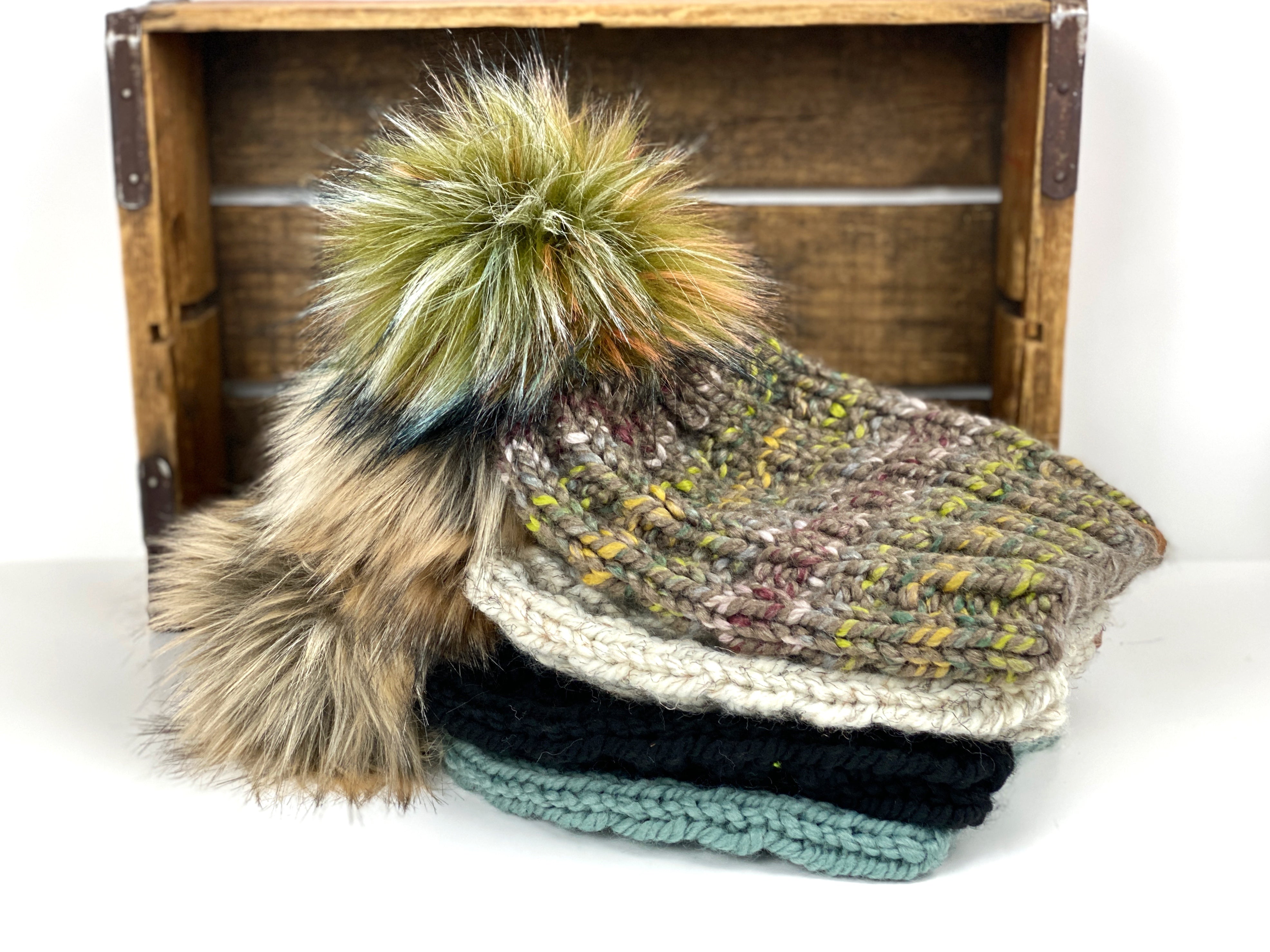 Rainier Hand Knit Textured Beanie, Women’s Knit Hat, Ski Snowboard Beanie, Cozy Acrylic Wool Blend Bulky Knit Faux Fur Pom Hat