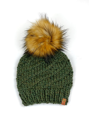 Hand Knit Cyclone Beanie Wool Blend Faux Fur Pom Pom Hat Adult Women