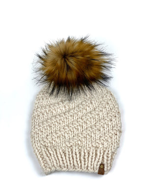 Hand Knit Cyclone Beanie Wool Blend Faux Fur Pom Pom Hat Adult Women