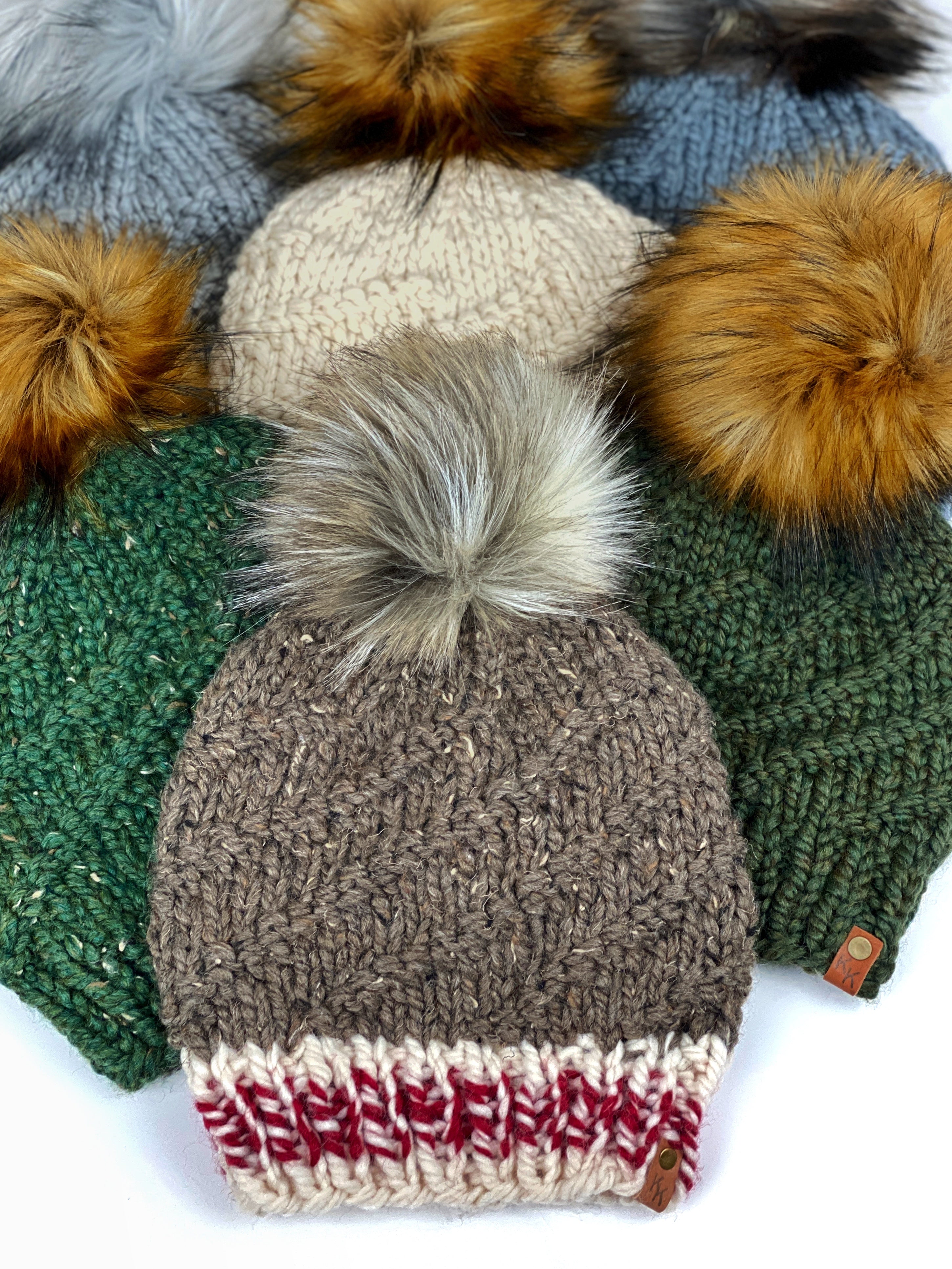 Hand Knit Cyclone Beanie Wool Blend Faux Fur Pom Pom Hat Adult Women