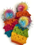 Rainbow Bobble Beanie Womens Hand Knit Hat Acrylic Faux Fur Pom Ready to Ship
