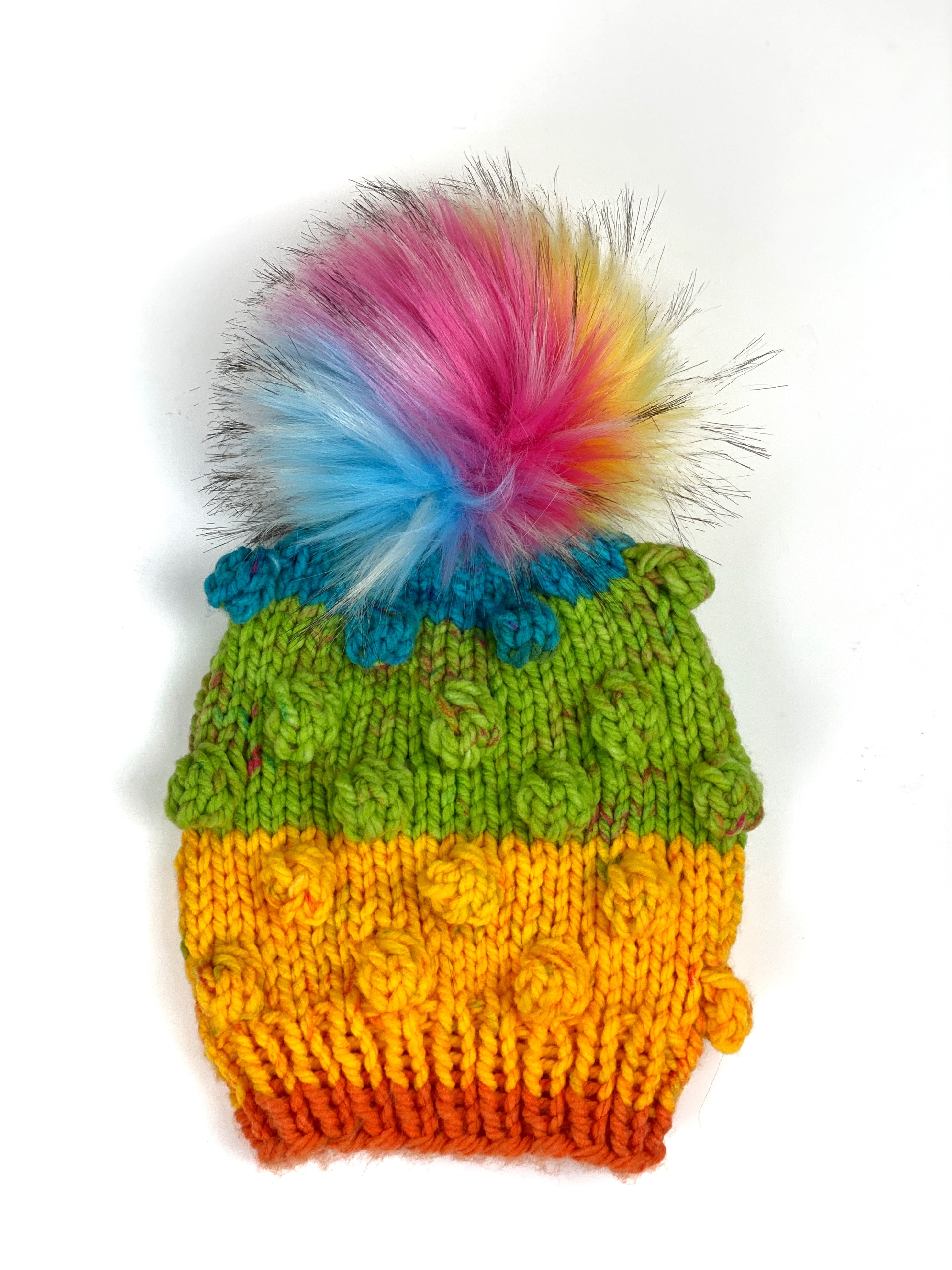 Rainbow Bobble Beanie Womens Hand Knit Hat Acrylic Faux Fur Pom Ready to Ship