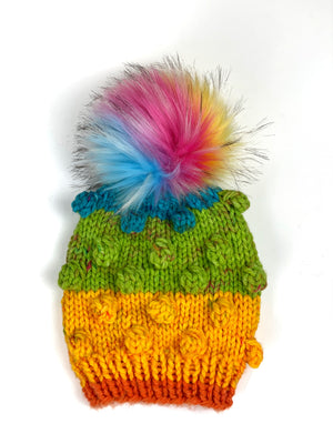Rainbow Bobble Beanie Womens Hand Knit Hat Acrylic Faux Fur Pom Ready to Ship