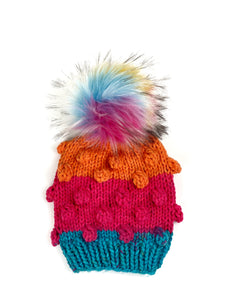 Rainbow Bobble Beanie Womens Hand Knit Hat Acrylic Faux Fur Pom Ready to Ship