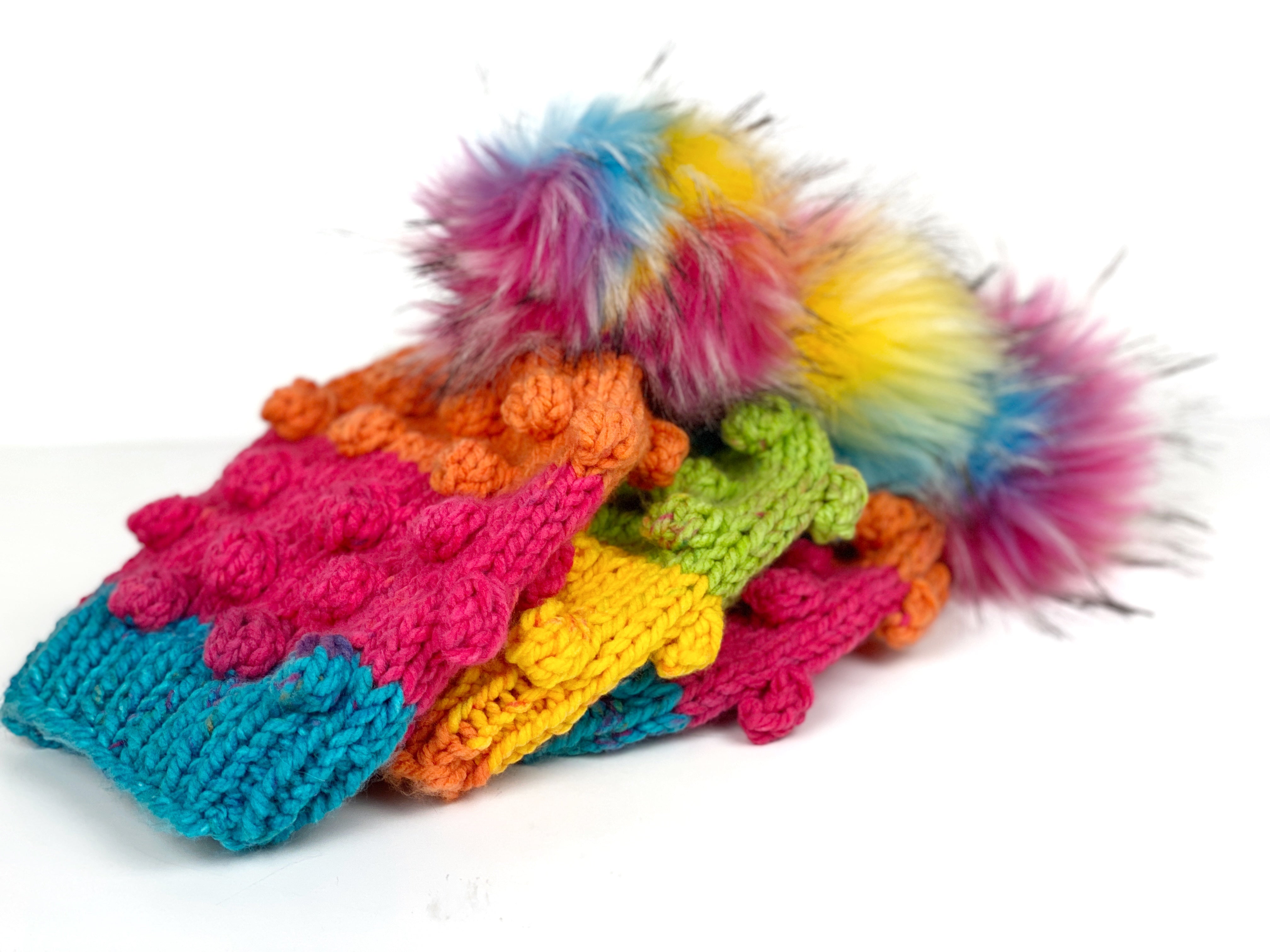 Rainbow Bobble Beanie Womens Hand Knit Hat Acrylic Faux Fur Pom Ready to Ship