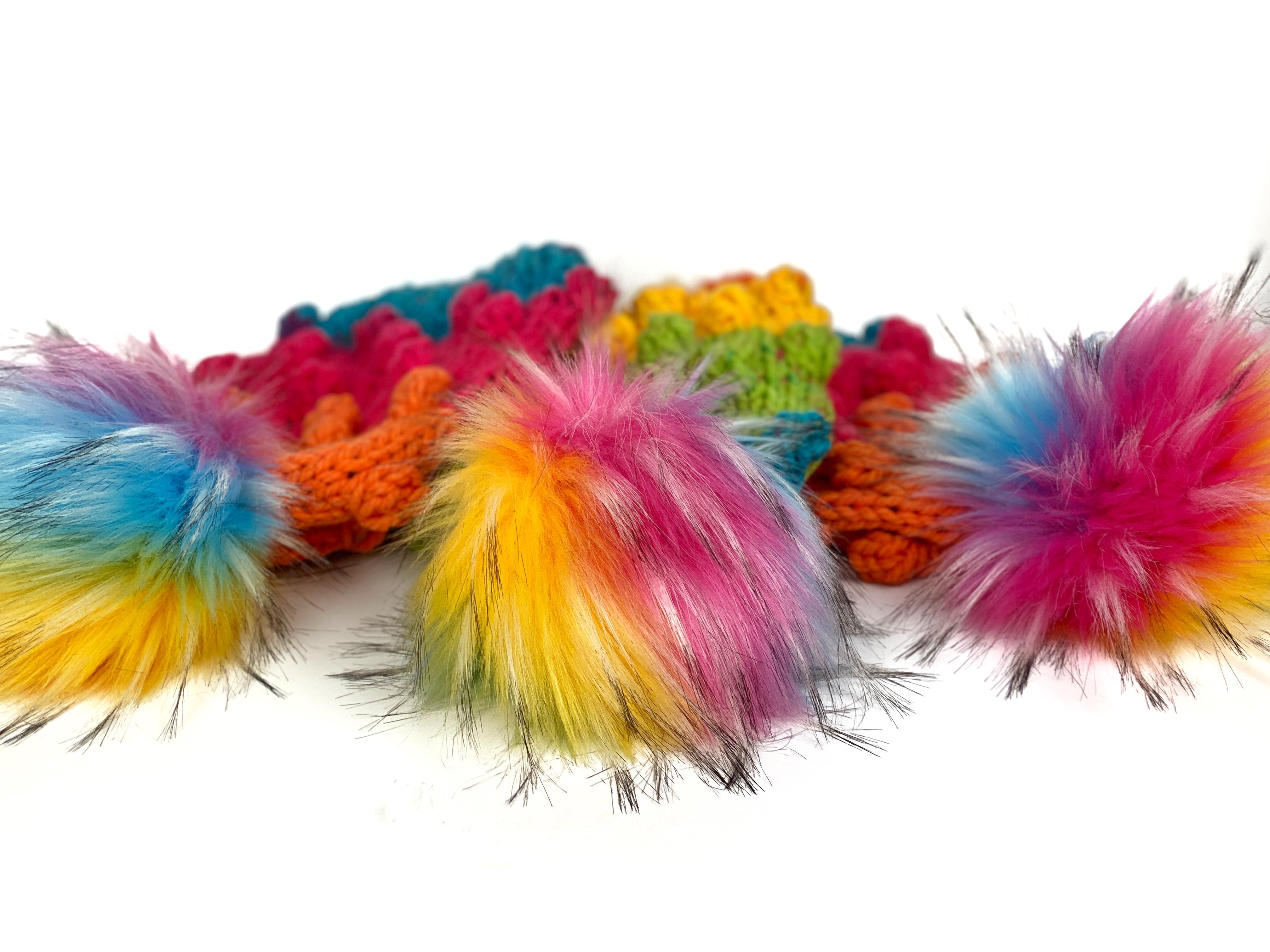 Rainbow Bobble Beanie Womens Hand Knit Hat Acrylic Faux Fur Pom Ready to Ship