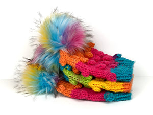 Rainbow Bobble Beanie Womens Hand Knit Hat Acrylic Faux Fur Pom Ready to Ship