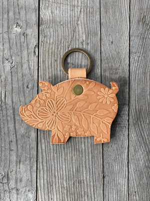 Embossed Leather Die Cut Pig Charm Purse Bag Backpack Vegetable Tanned Keychain Keyring Key Fob